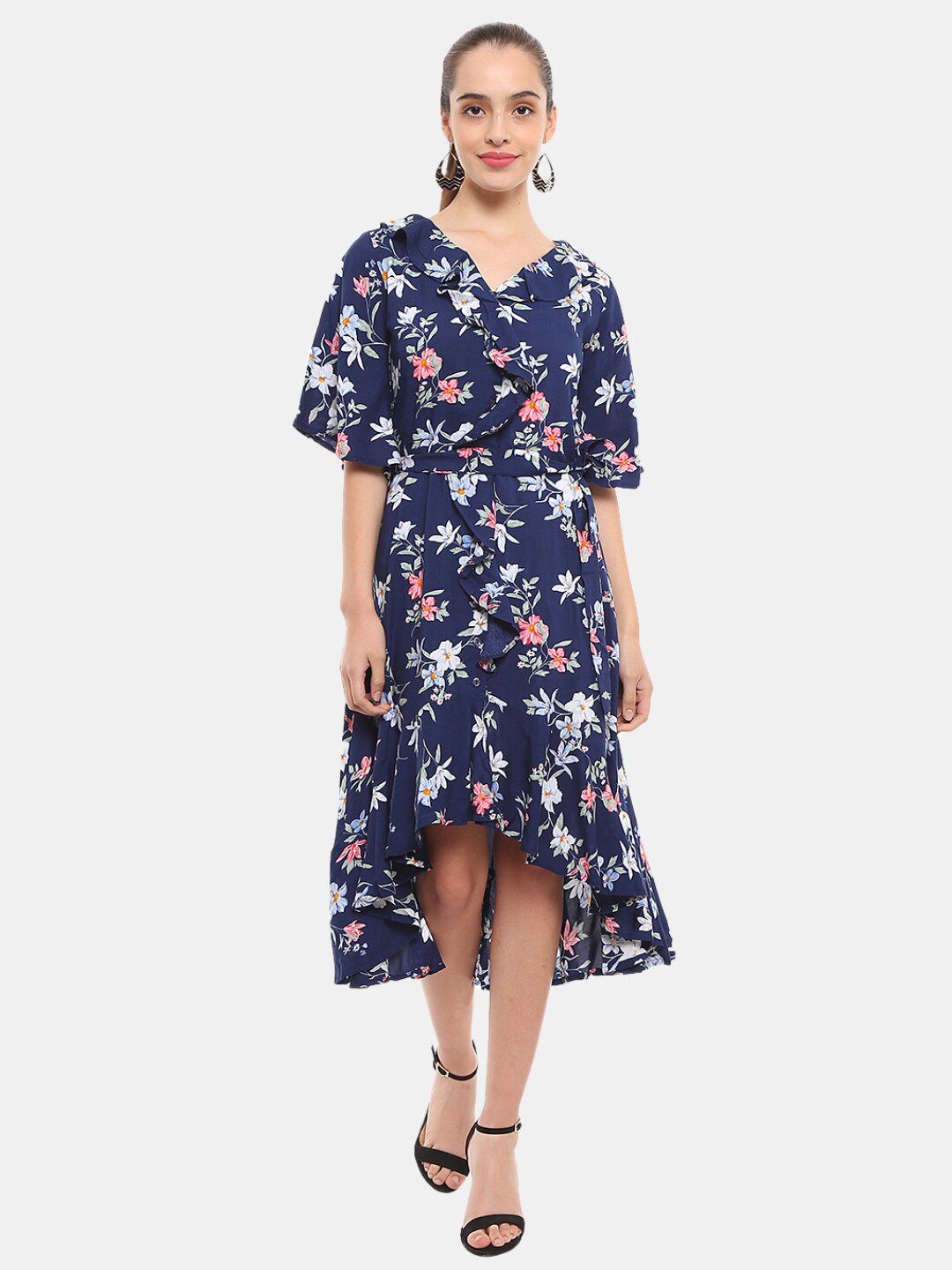 V-Mart Navy Blue Floral Satin Midi Dress Price in India