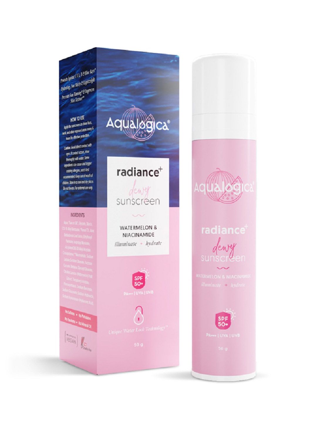 Aqualogica Radiance+ SPF50 PA+++ Dewy Sunscreen with Watermelon & Niacinamide - 50 g