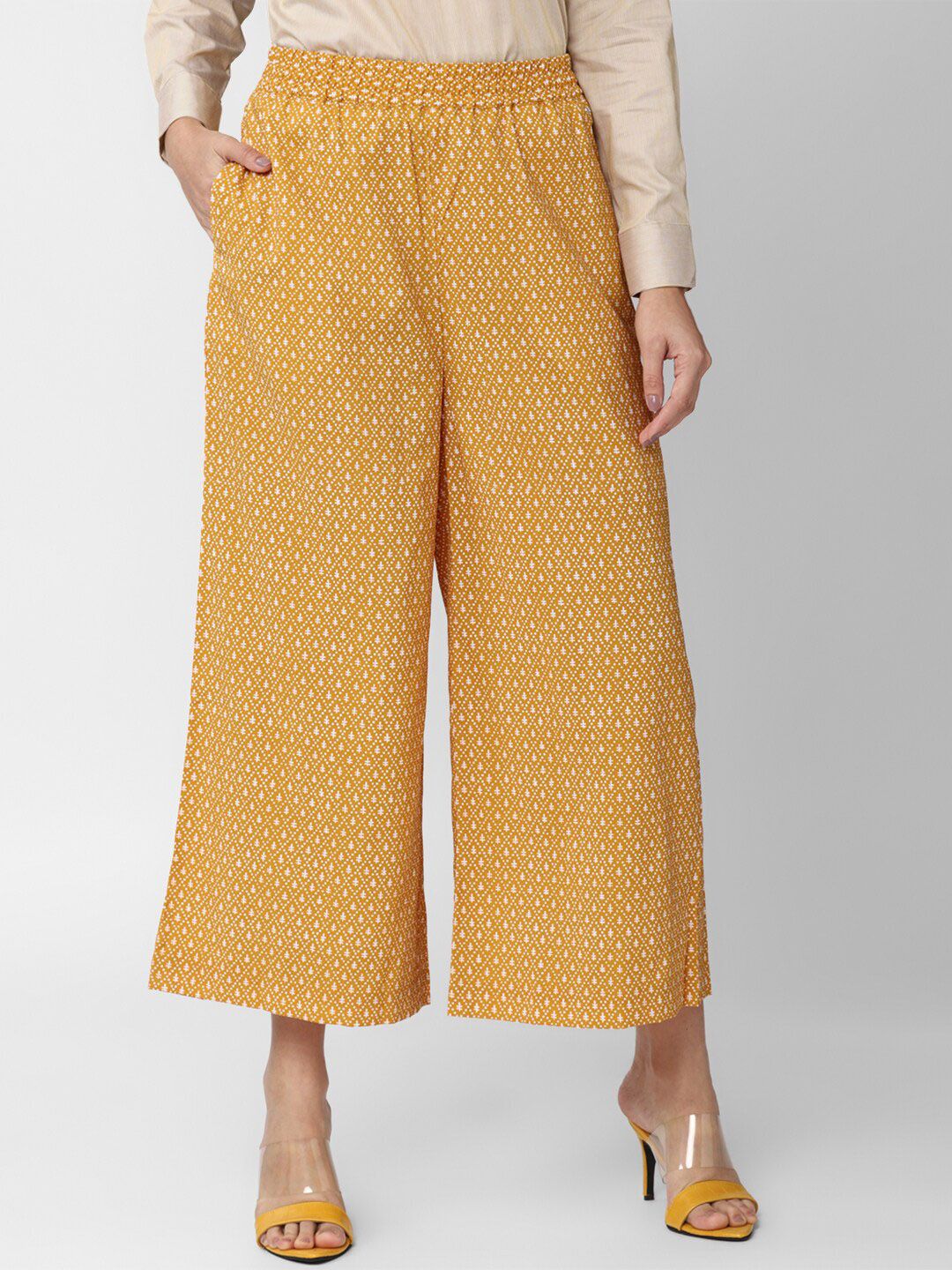 Van Heusen Woman Women Yellow Printed Trousers Price in India