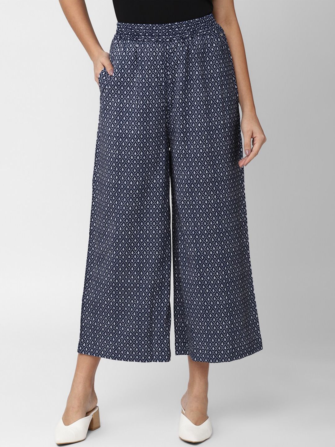 Van Heusen Woman Women Navy Blue Printed Culottes Trousers Price in India