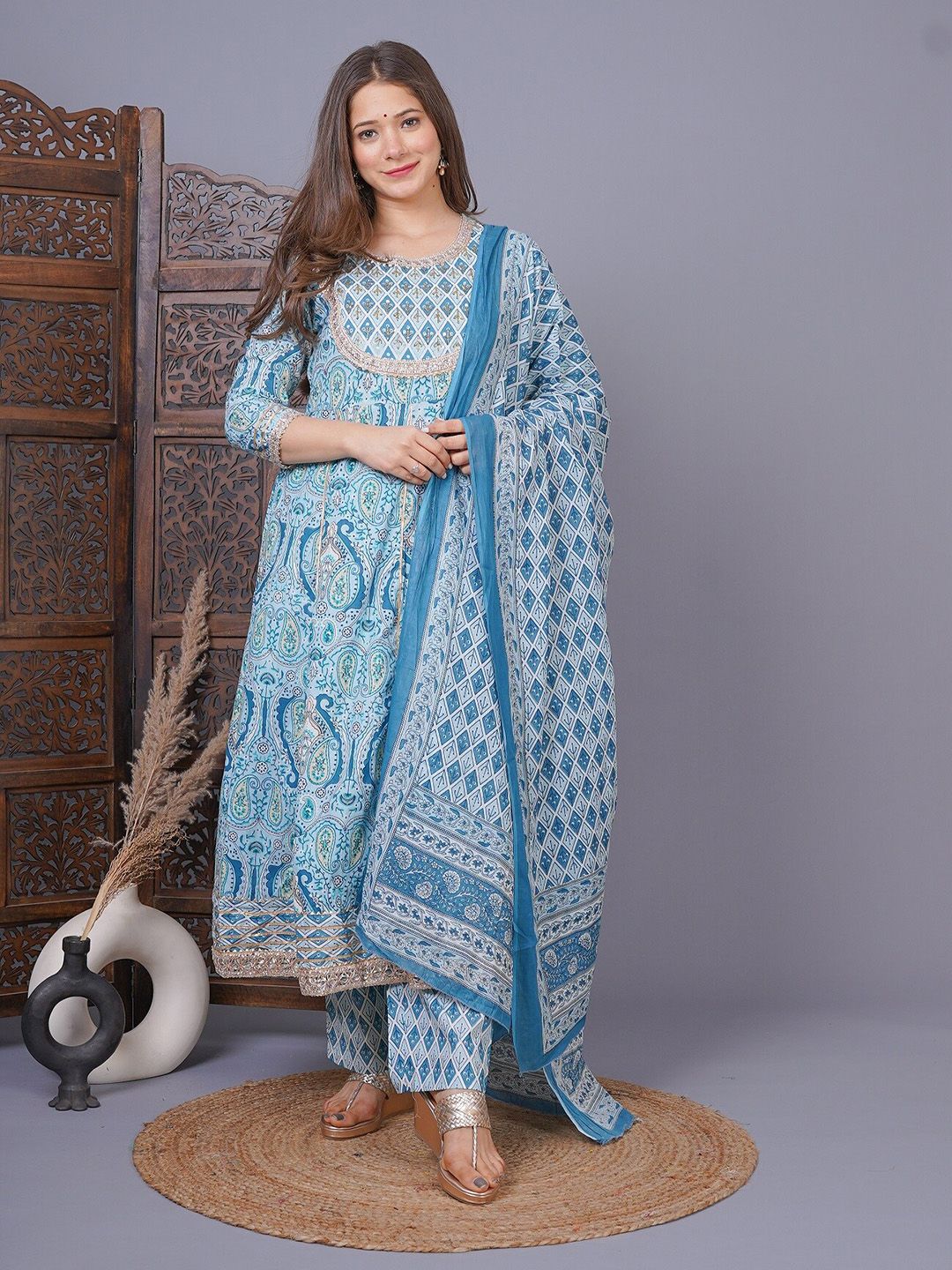 MEERA FAB Women Blue Ethnic Motifs Printed Pleated Beads and Stones Pure Cotton Kurta with Palazzos & With Price in India