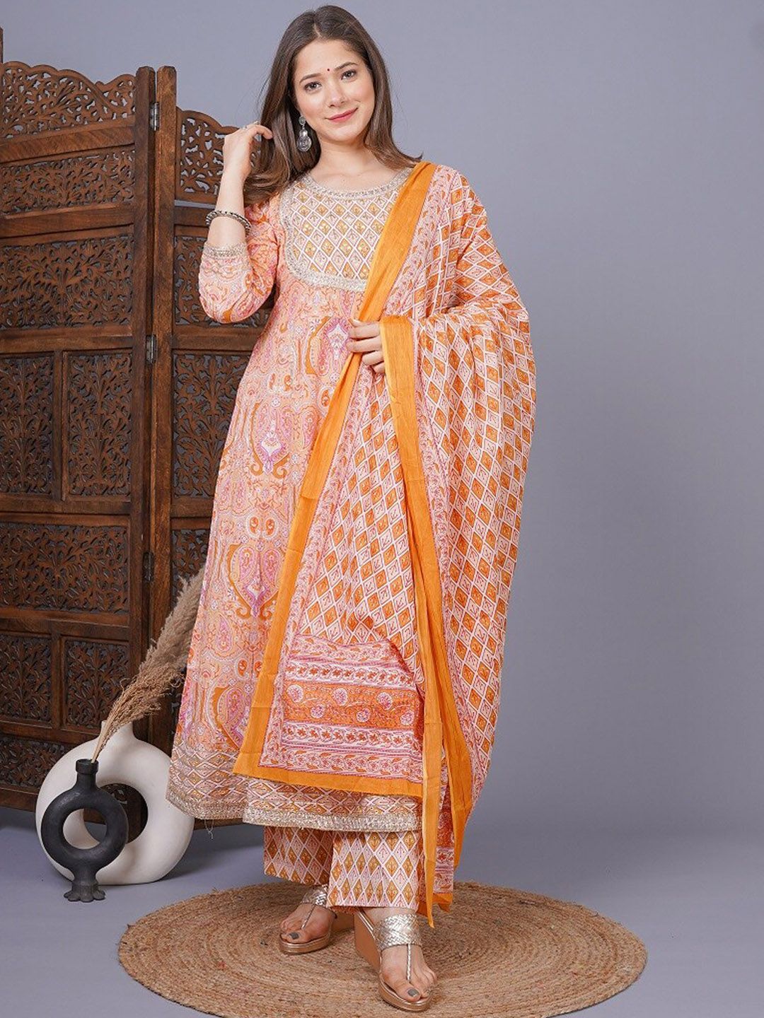 MEERA FAB Women Orange Pleated Beads and Stones Pure Cotton Kurti with Trousers & With Dupatta Price in India