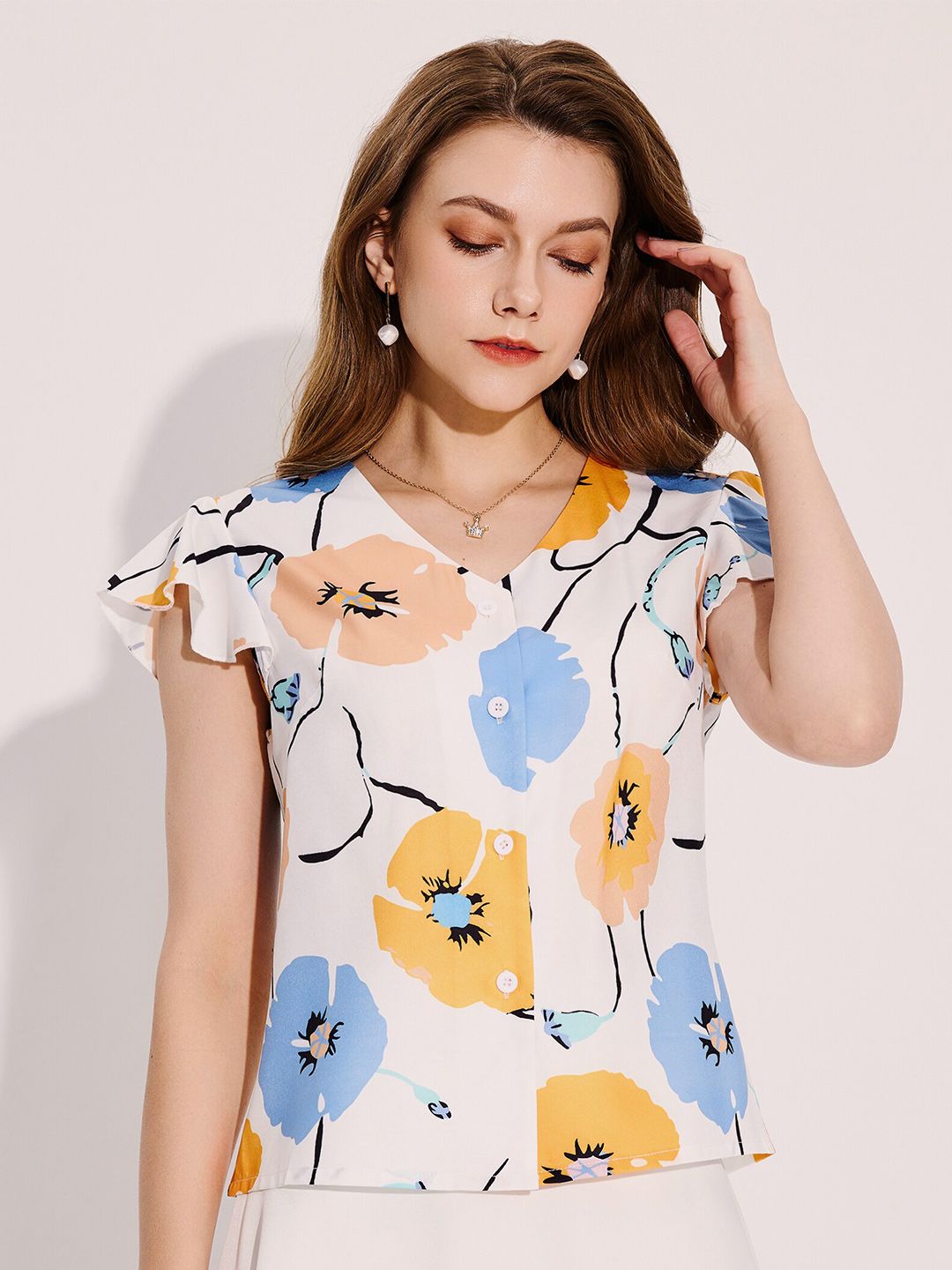 URBANIC White & almost mauve Floral Print Styled Back Top