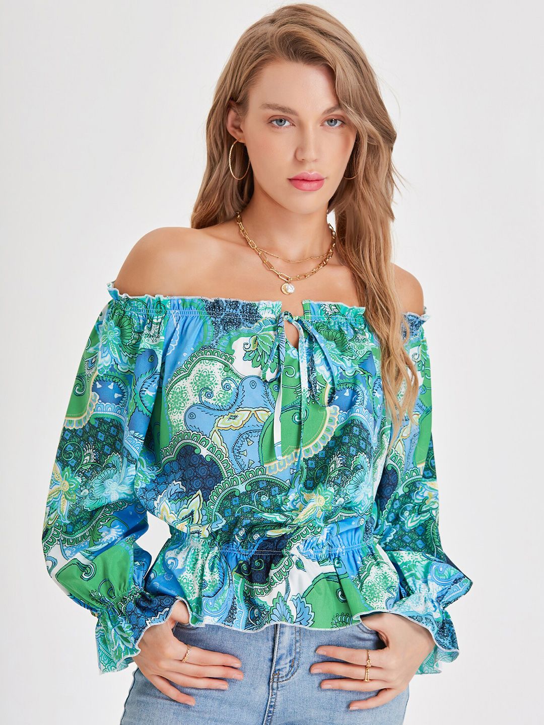 URBANIC Blue Floral Print Off-Shoulder Bardot Top
