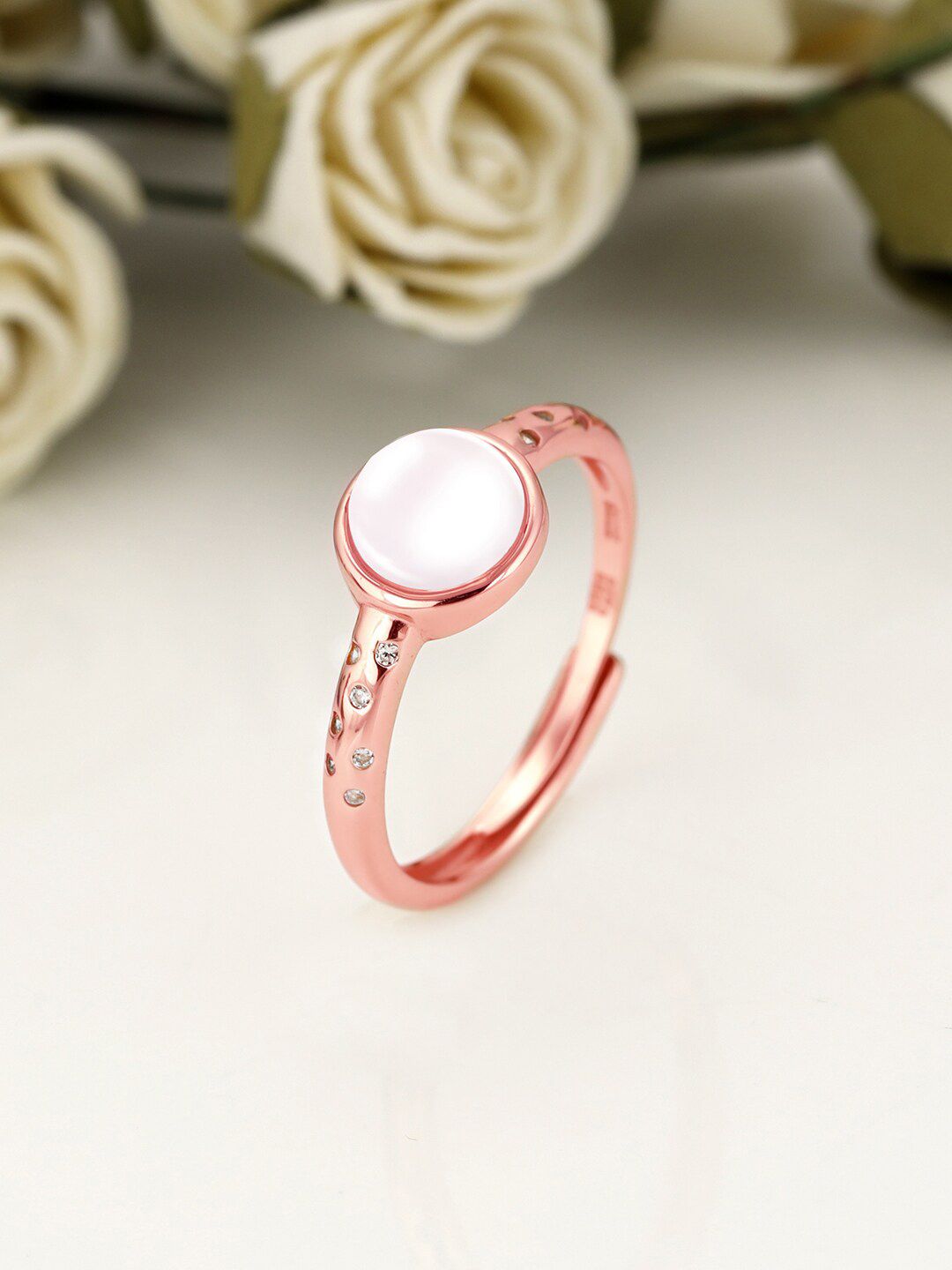 GIVA Rose Gold-Plated White Stone-Studded Finger Ring Price in India