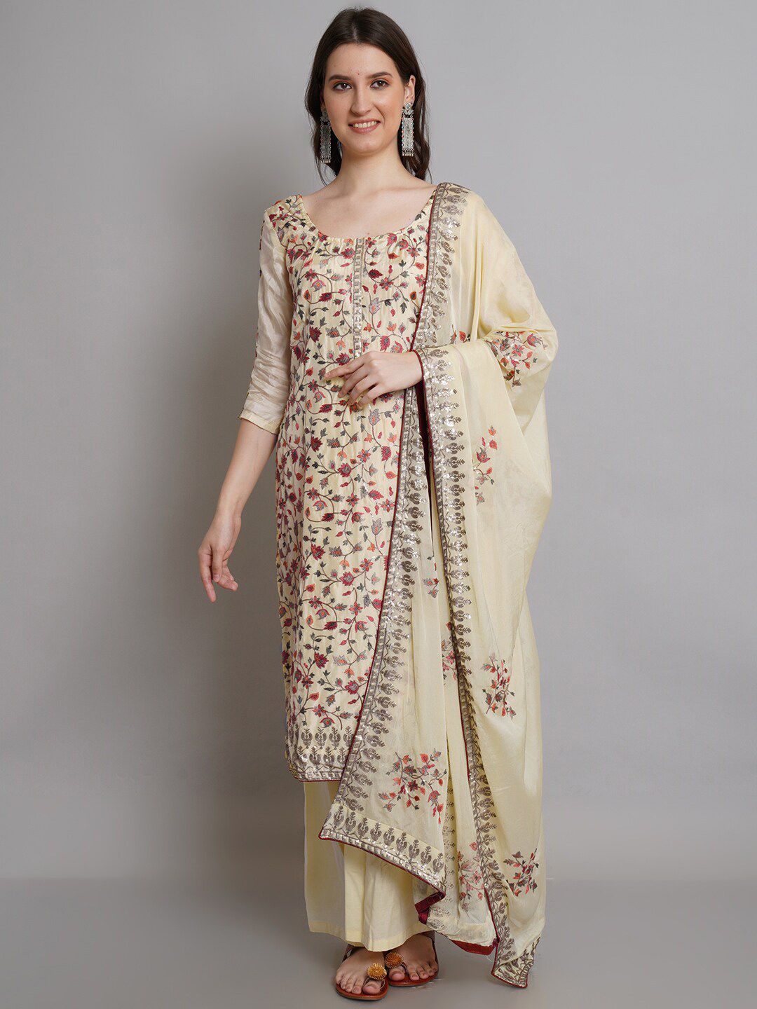 Stylee LIFESTYLE Cream-Coloured & Pink Pure Silk Unstitched Dress Material Price in India