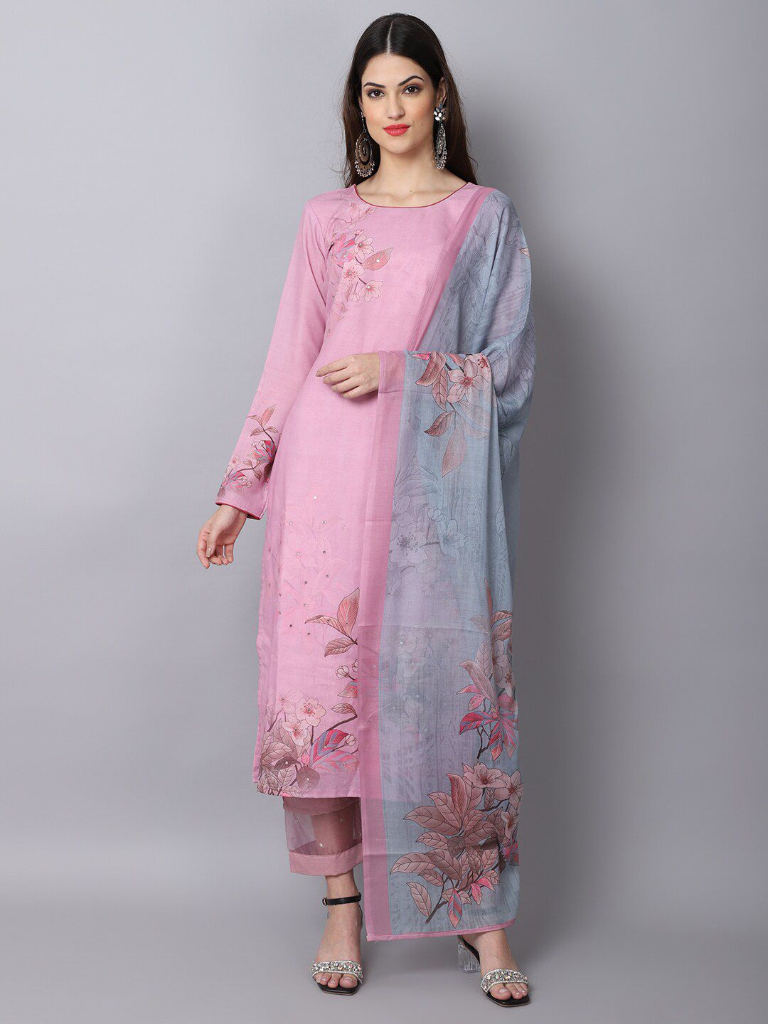 Stylee LIFESTYLE Pink & Grey Pure Cotton Unstitched Dress Material Price in India