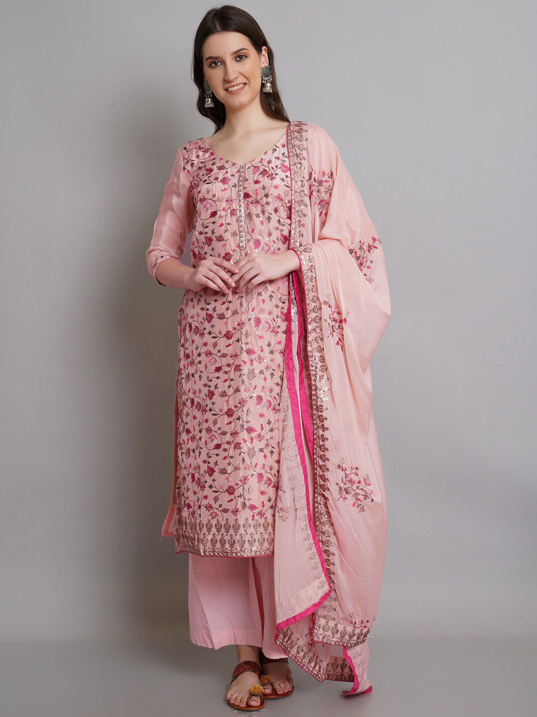 Stylee LIFESTYLE Pink & Grey Pure Silk Unstitched Dress Material Price in India