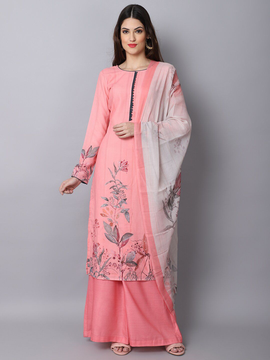 Stylee LIFESTYLE Peach-Coloured & Grey Pure Cotton Unstitched Dress Material Price in India