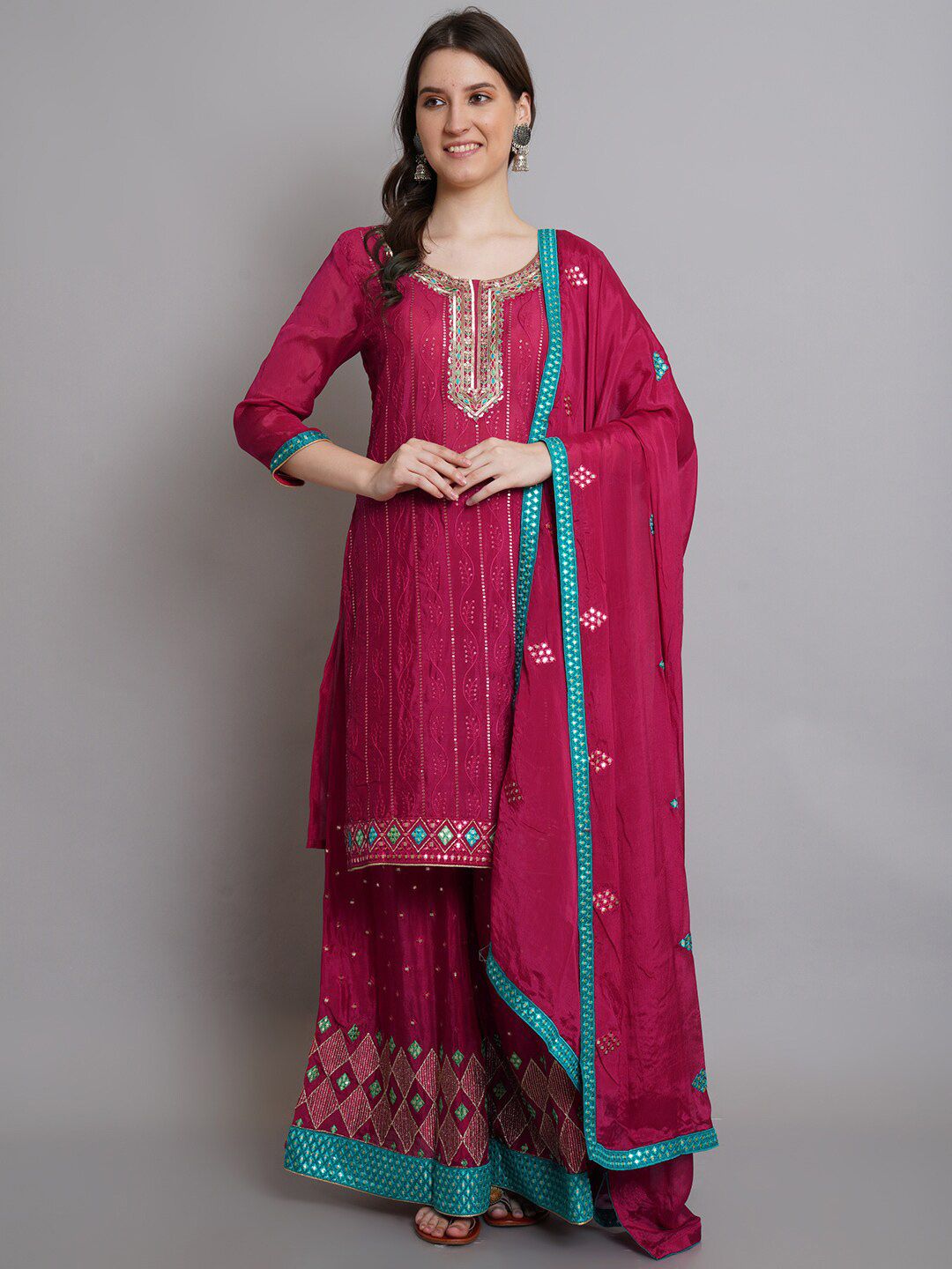 Stylee LIFESTYLE Magenta & Blue Silk Chiffon Unstitched Dress Material Price in India