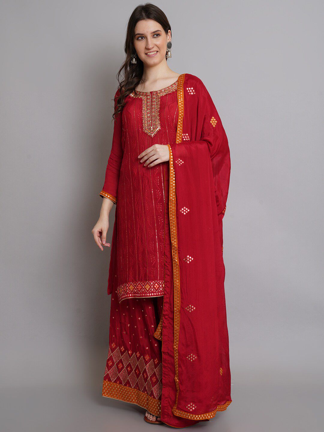 Stylee LIFESTYLE Red & Orange Silk Chiffon Unstitched Dress Material Price in India