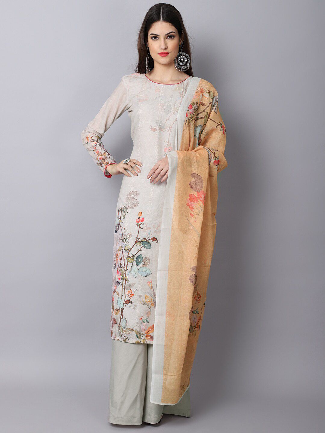 Stylee LIFESTYLE Beige & Grey Pure Cotton Unstitched Dress Material Price in India