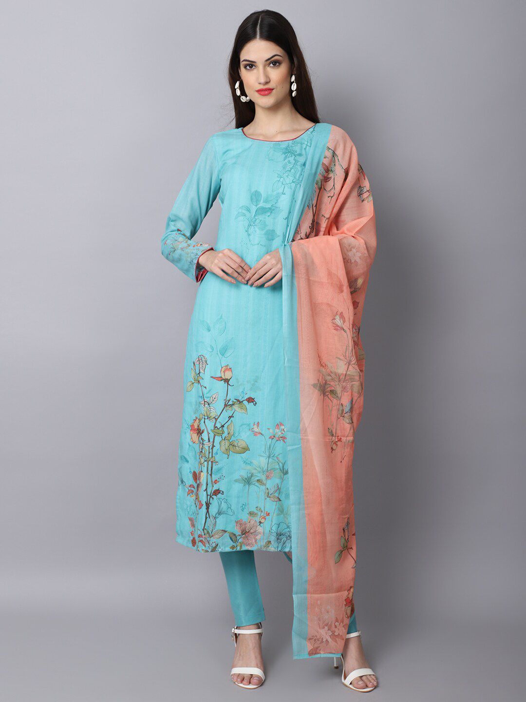 Stylee LIFESTYLE Teal & Orange Pure Cotton Unstitched Dress Material Price in India