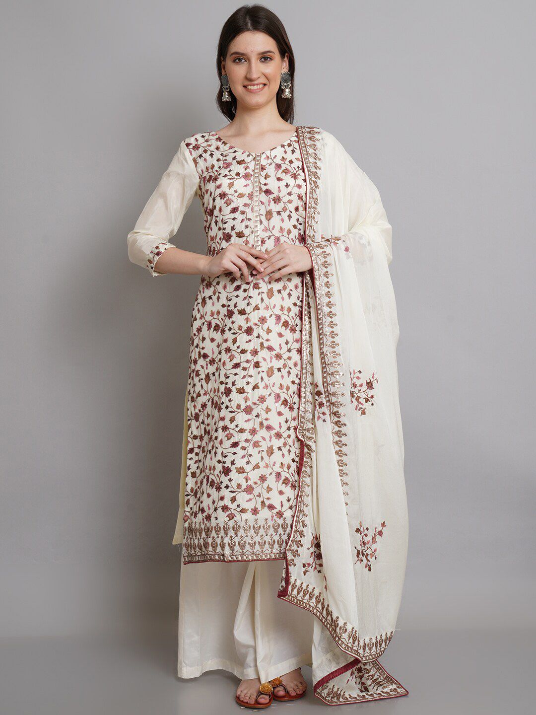 Stylee LIFESTYLE Off White & Pink Pure Silk Unstitched Dress Material Price in India