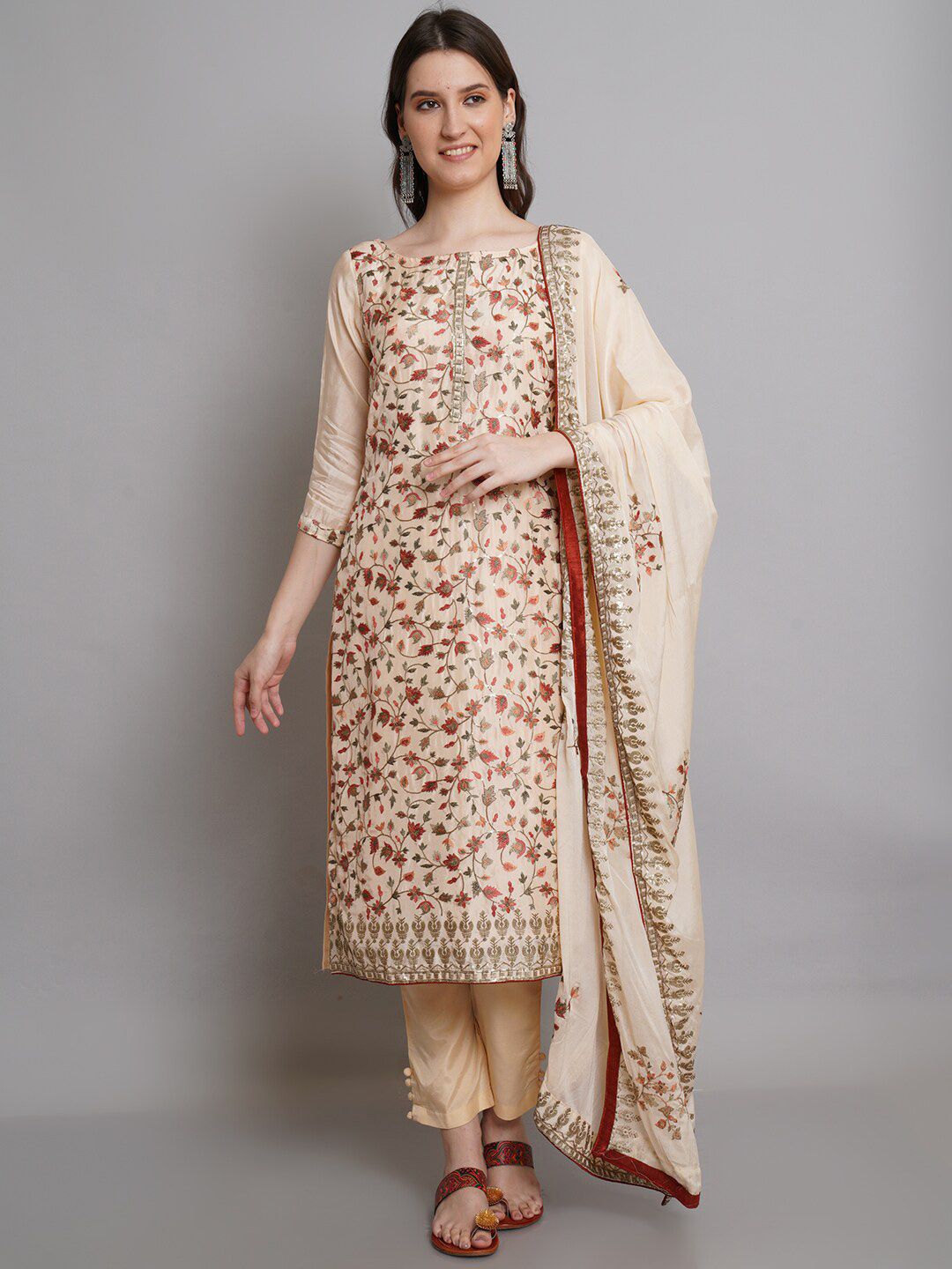 Stylee LIFESTYLE Peach-Coloured & Red Pure Silk Unstitched Dress Material Price in India