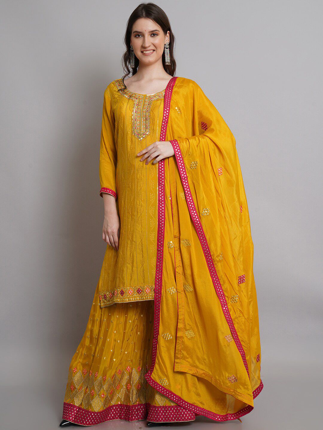 Stylee LIFESTYLE Yellow & Silver-Toned Silk Chiffon Unstitched Dress Material Price in India