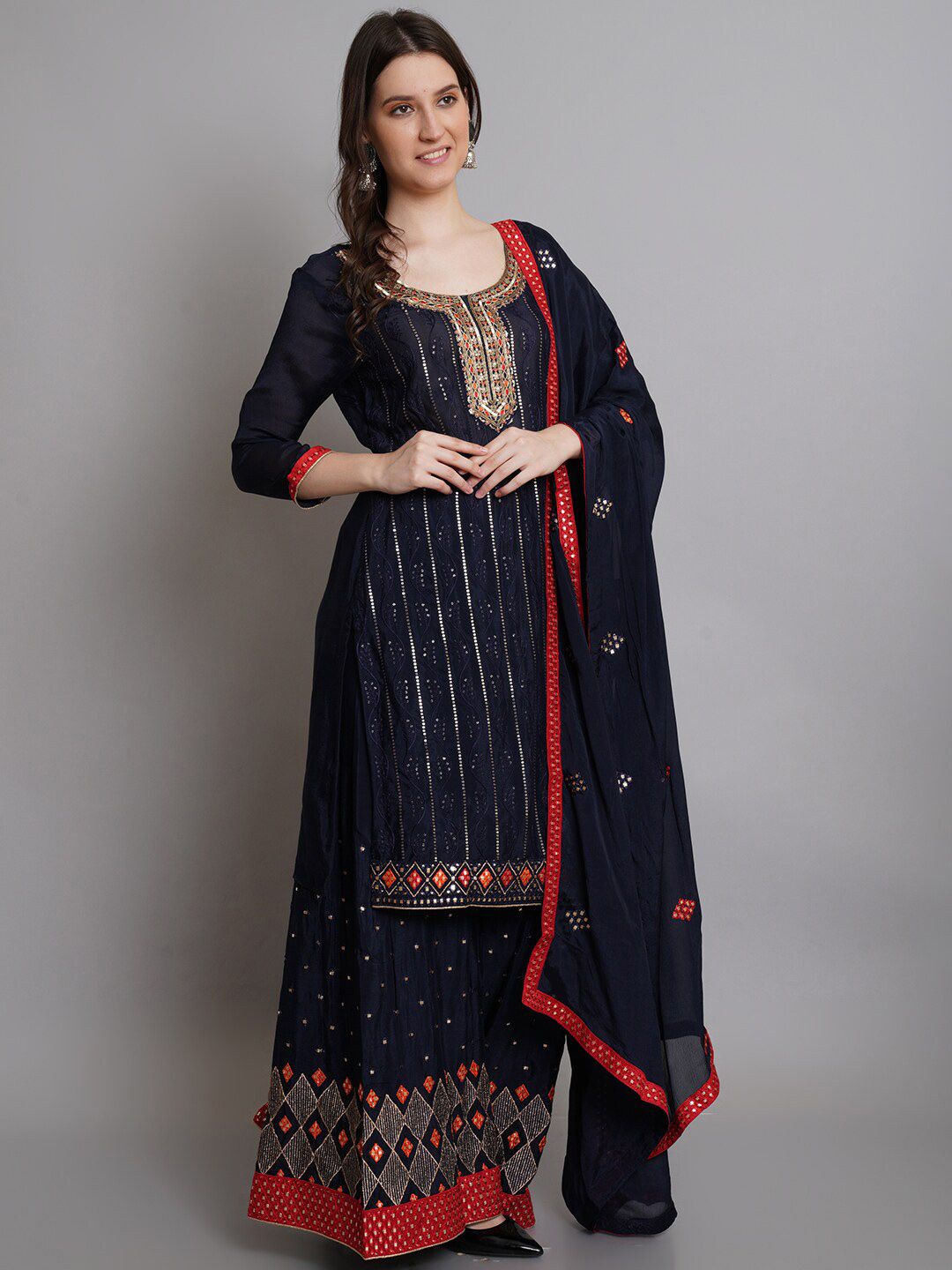 Stylee LIFESTYLE Navy Blue & Red Silk Chiffon Unstitched Dress Material Price in India