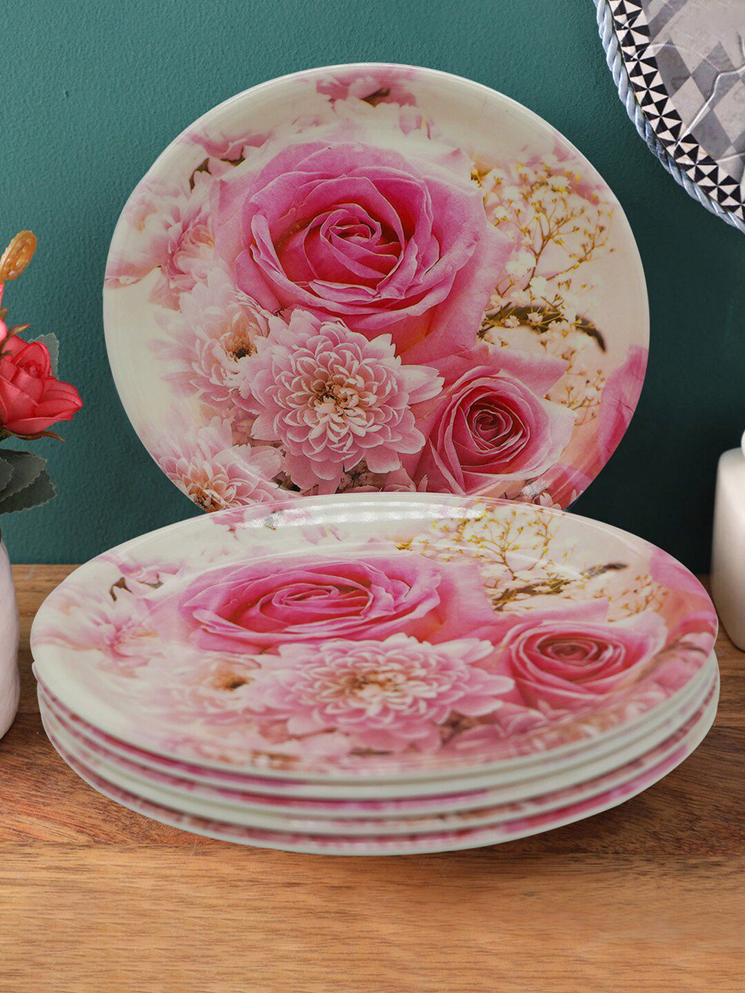 Gallery99 Pink & Beige 6 Pieces Floral Printed Melamine Matte Plates Price in India