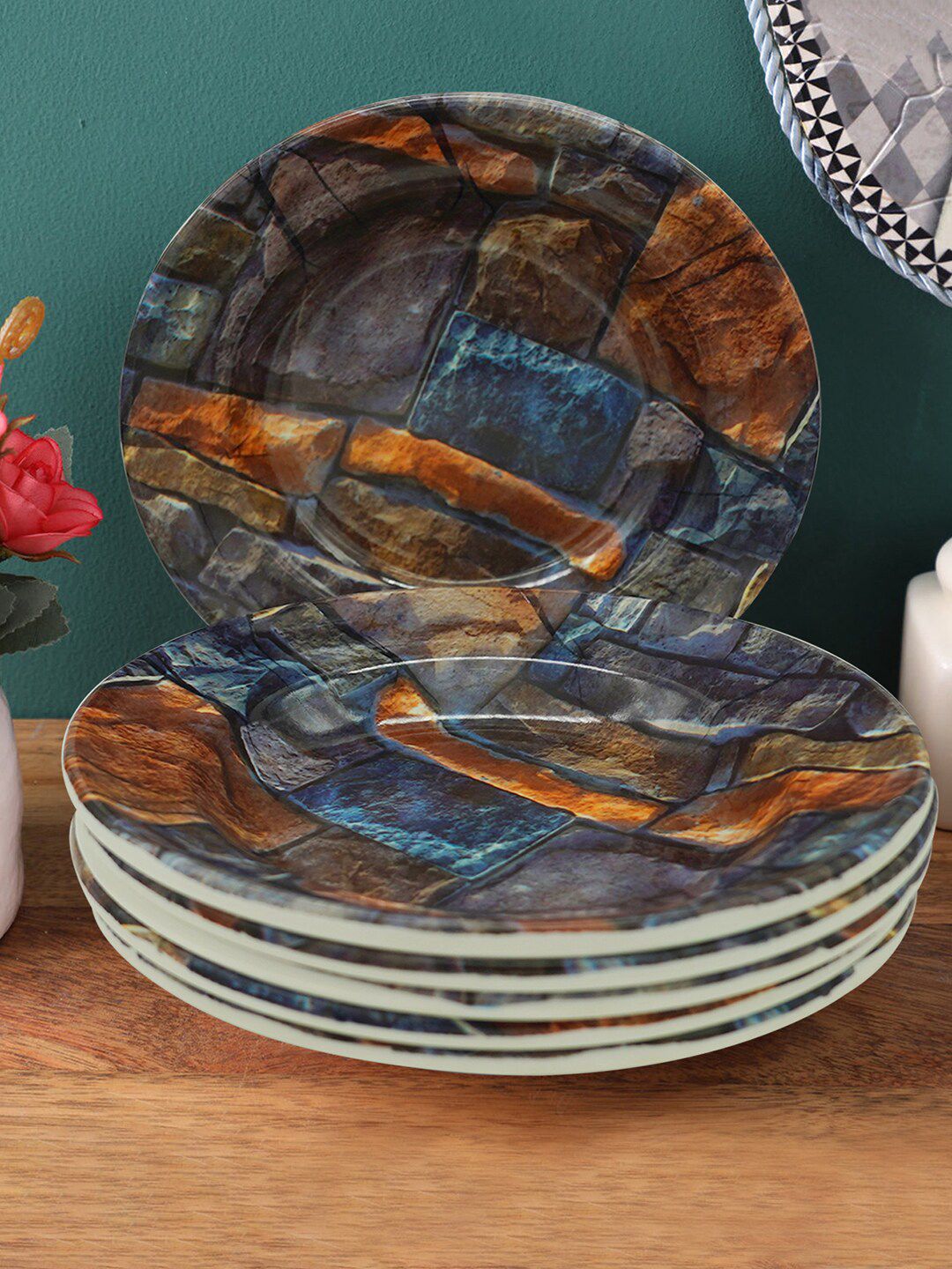 Gallery99 Grey & Brown 6 Pieces Printed Melamine Glossy Plates Price in India