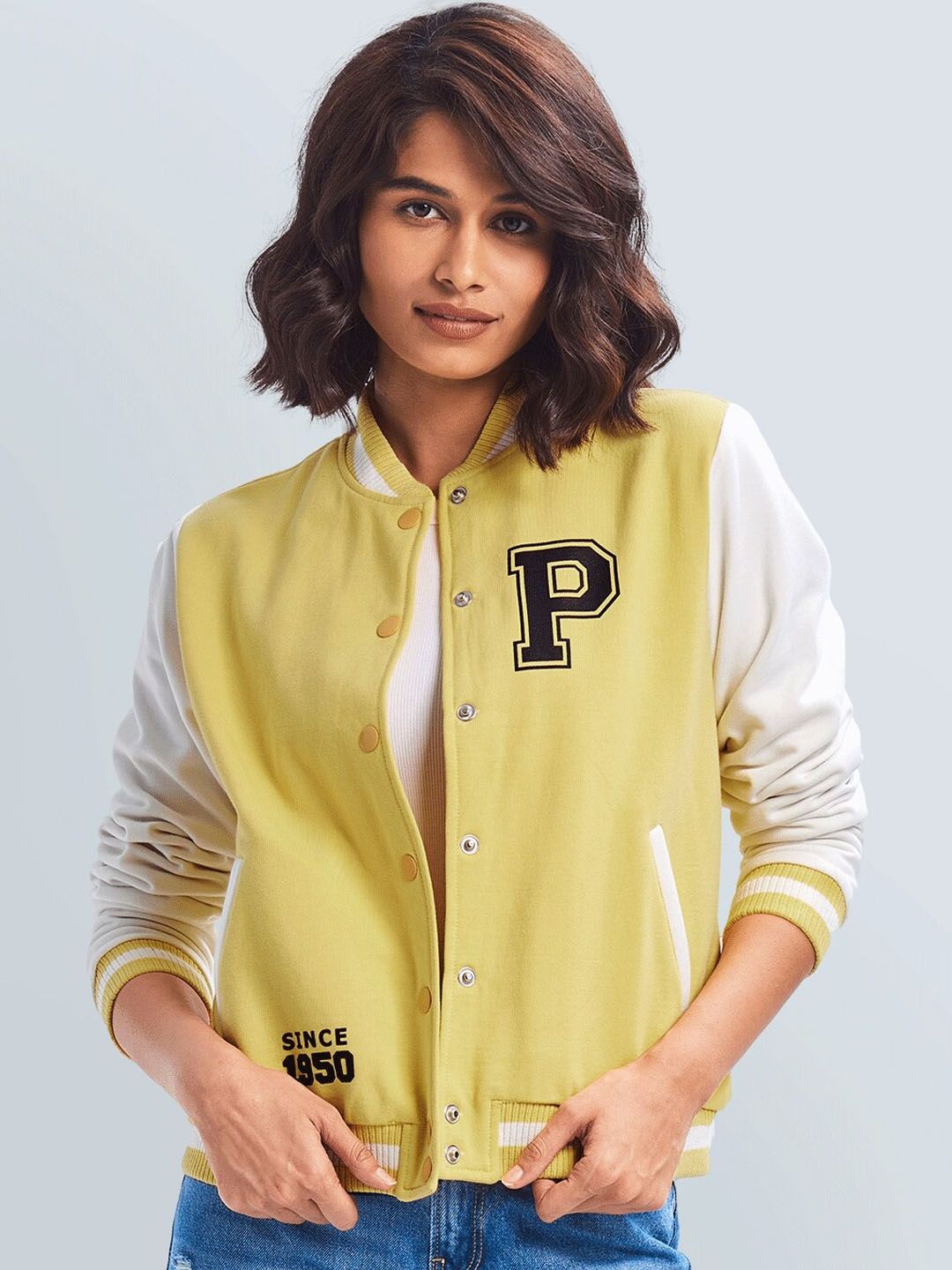 The Souled Store Women Yellow dusky citron Bomber with Patchwork Jacket Price in India