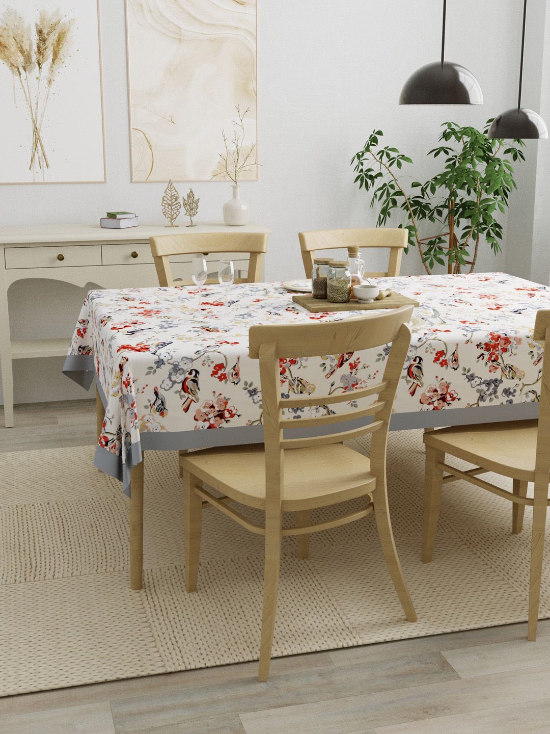 Clasiko Grey & Cream Floral 4 Seater Rectangular Anti-Slip Table Cover Price in India