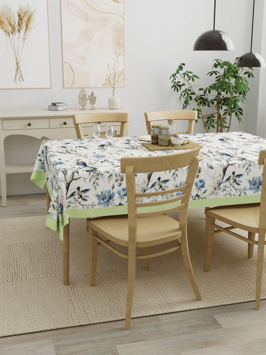 Clasiko Blue & Green Floral Printed 4-Seater Rectangle Cotton Table Cover Price in India