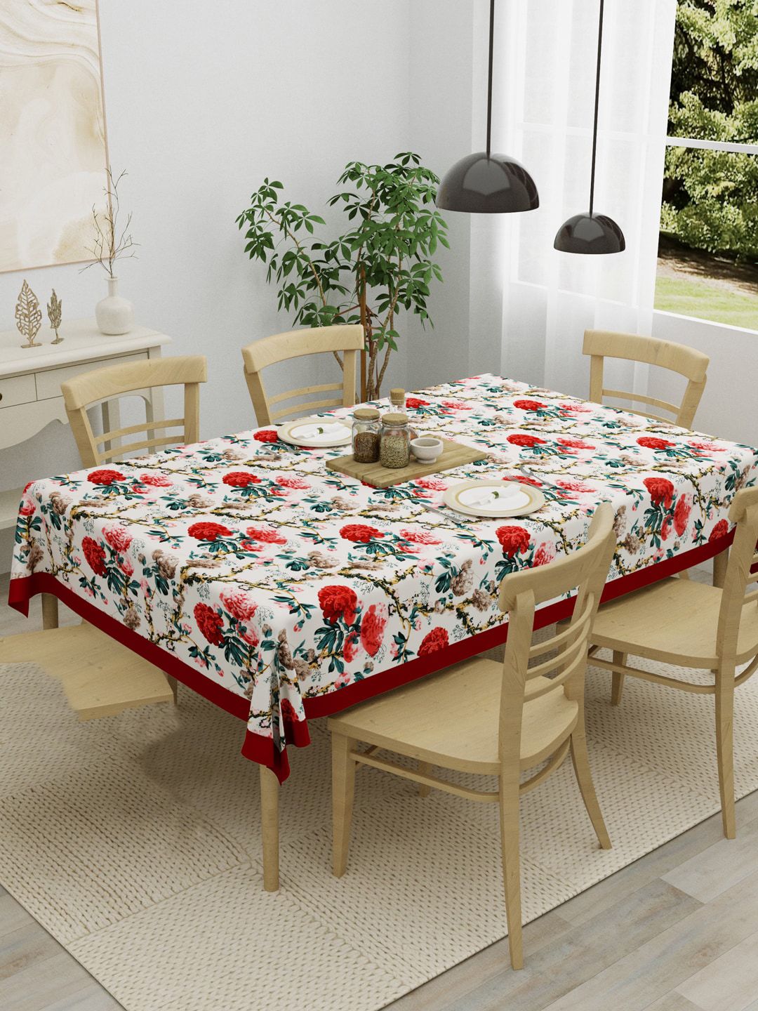 Clasiko White & Rust Red Floral Printed 4 Seater Cotton Table Covers Price in India