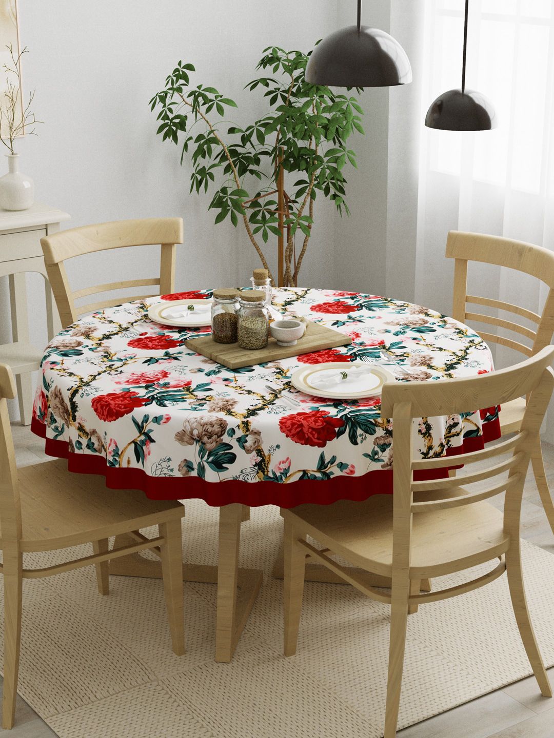 Clasiko White & Red Floral Printed Cotton Round Table Covers Price in India