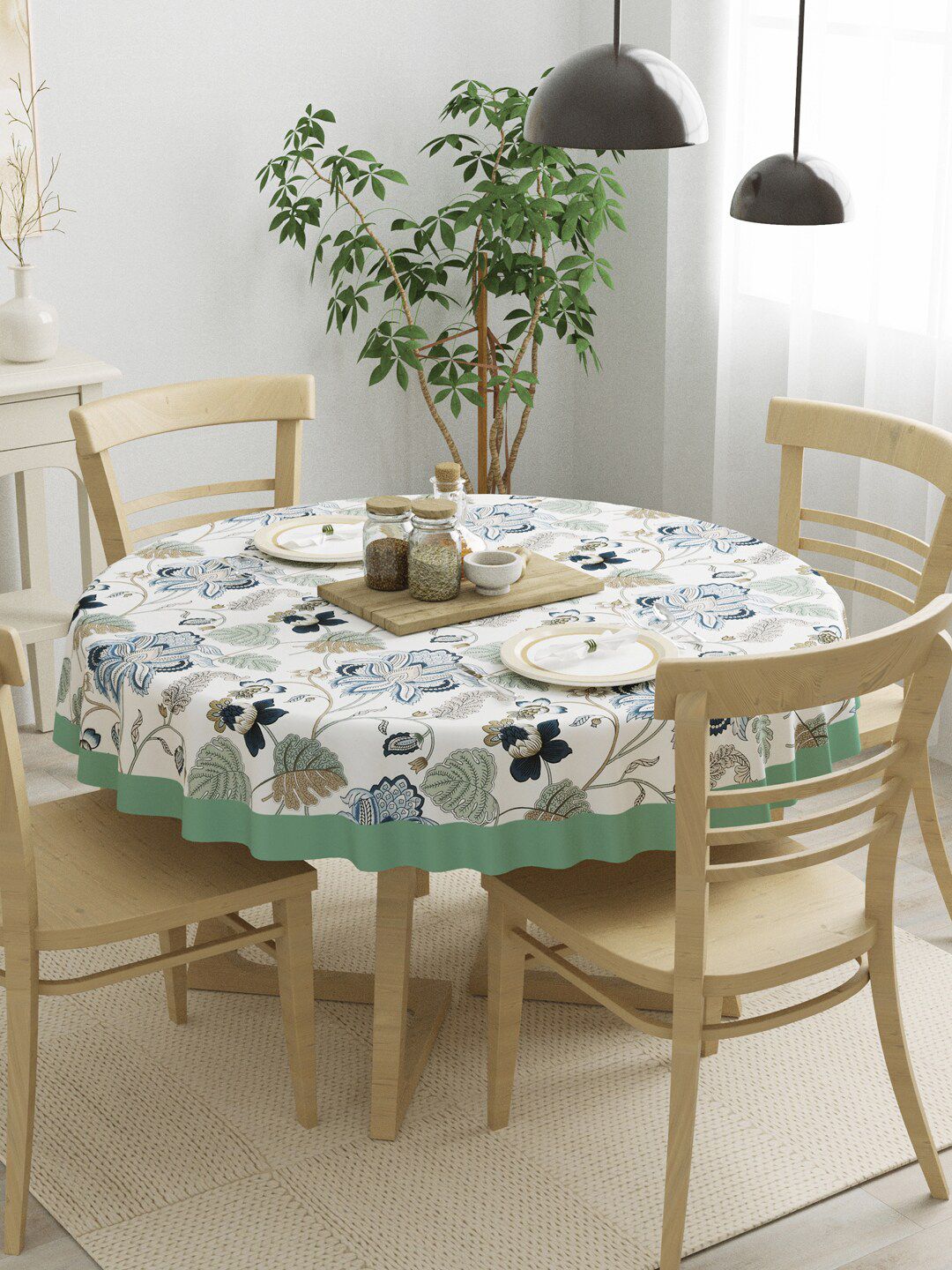Clasiko Green & Beige Floral Printed 4-Seater Cotton Round Table Cover Price in India