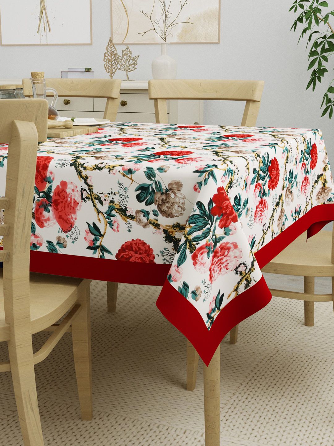Clasiko White & Red Printed Pure Cotton 6-Seater Table Cover Price in India