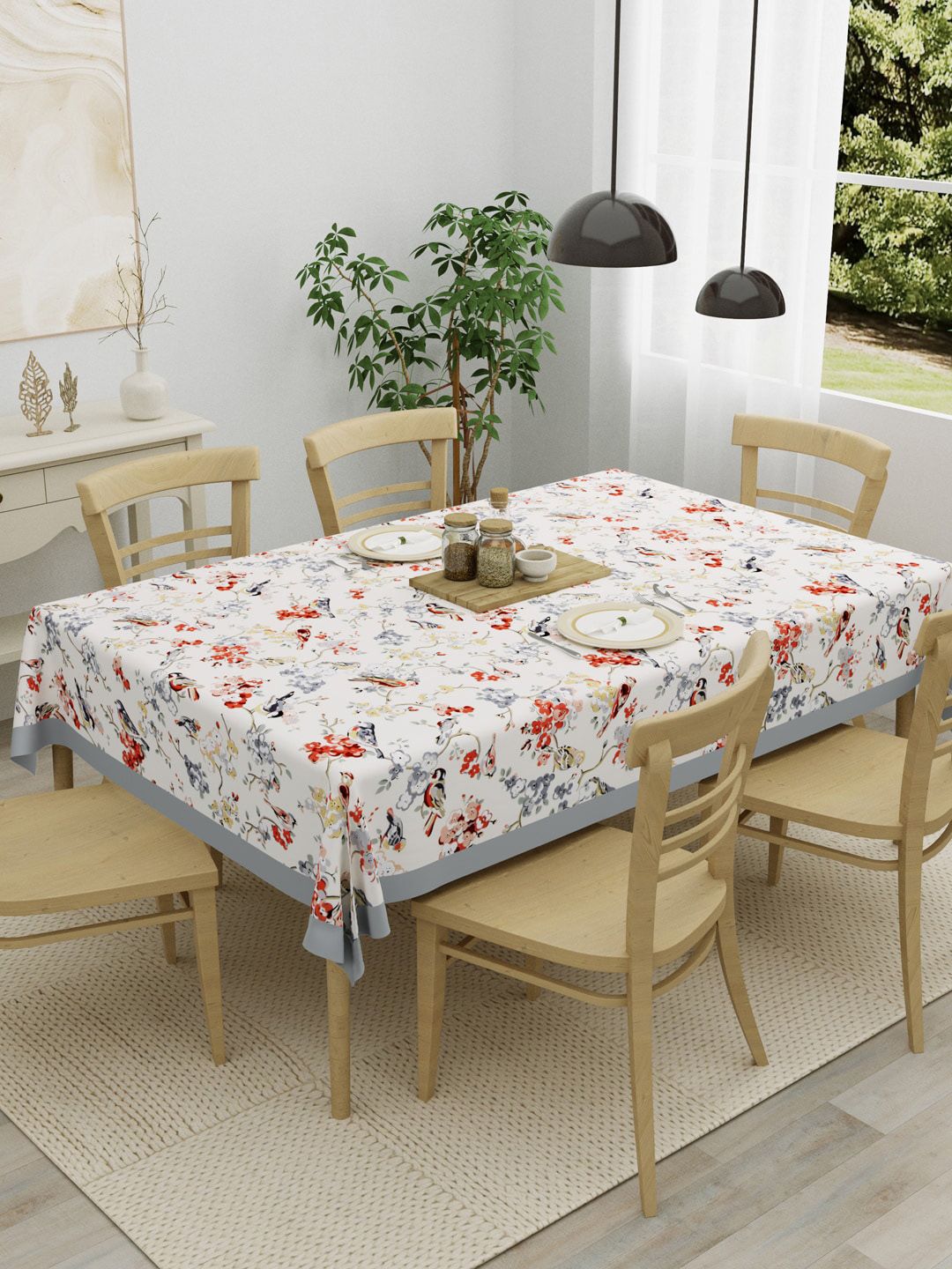 Clasiko Grey & Brown Printed 6-Seater Rectangle Pure Cotton Table Cloth Price in India