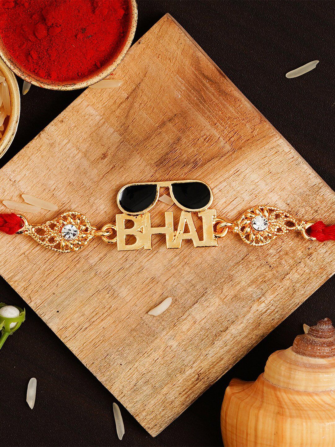 eCraftIndia Red & Gold-Toned Bhai Studded Rakhi