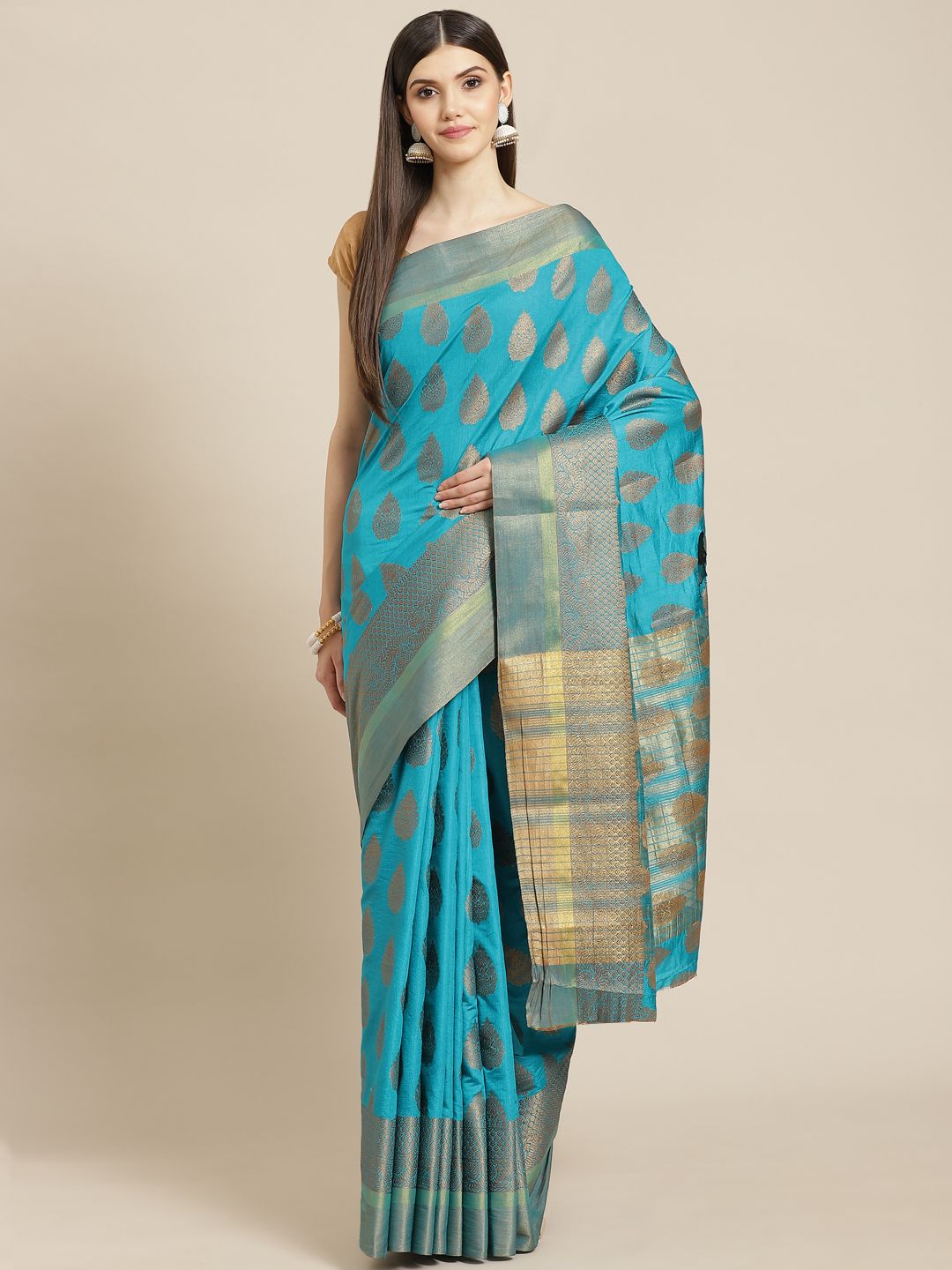 Meena Bazaar Blue Woven Design Silk Blend Saree with Blouse Piece Price in India