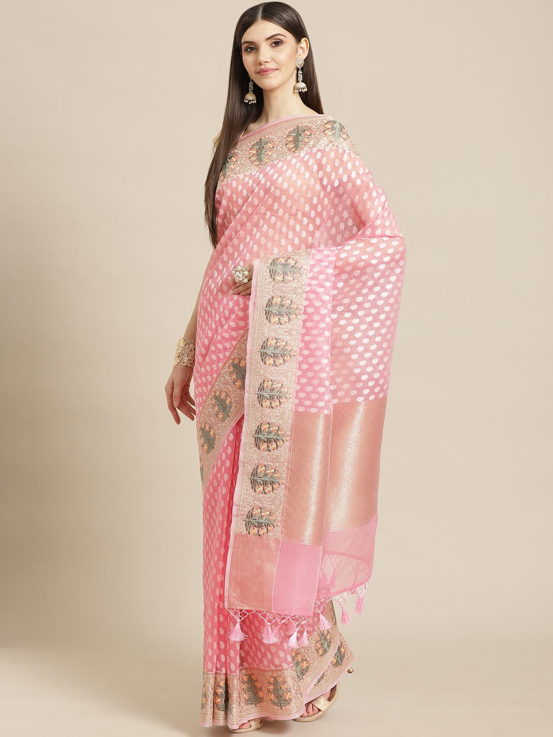 Meena Bazaar Pink & White Woven Design Silk Blend Saree with Blouse Piece Price in India