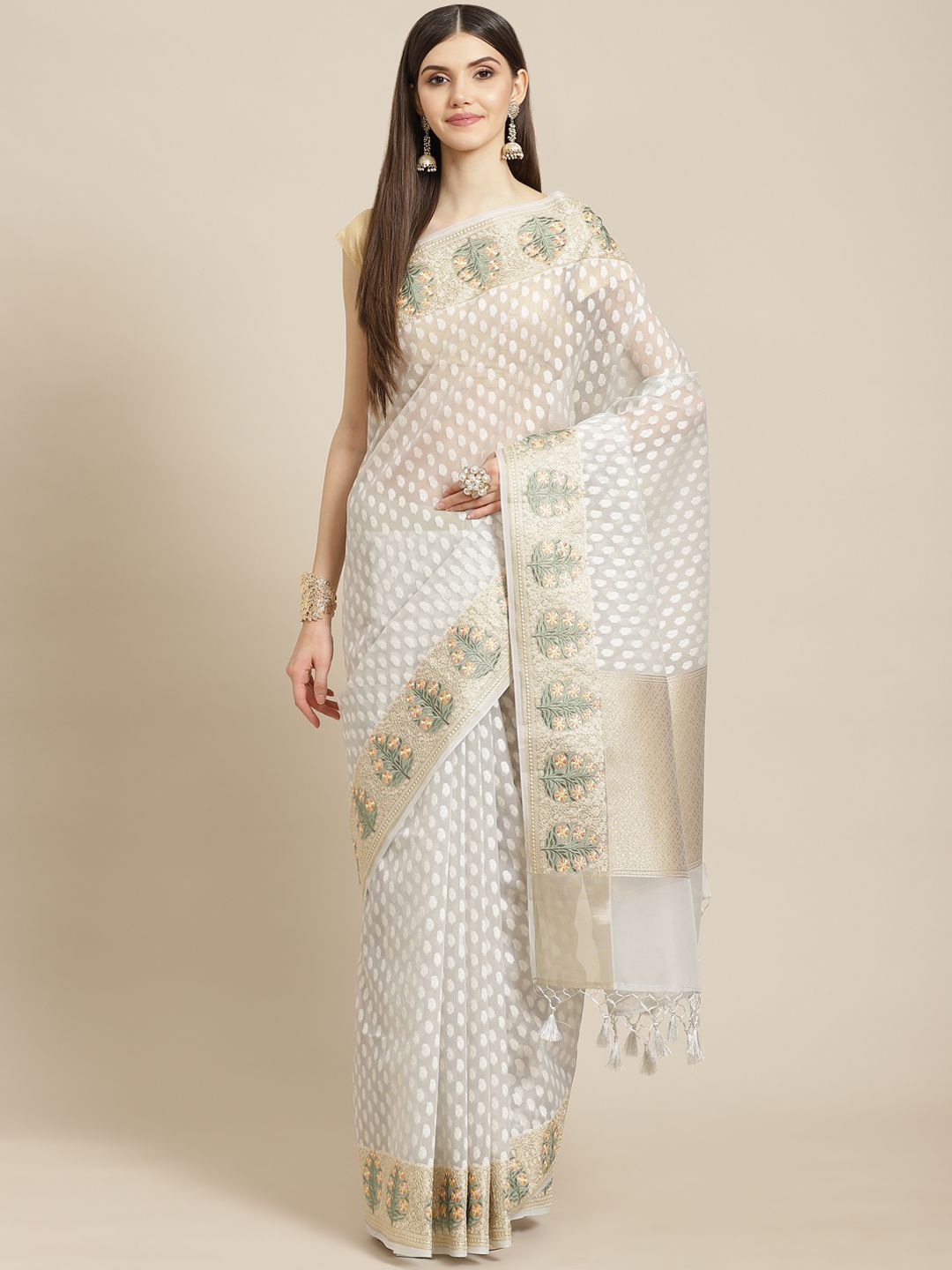 Meena Bazaar White & Beige Woven Design Silk Blend Saree with Blouse Piece