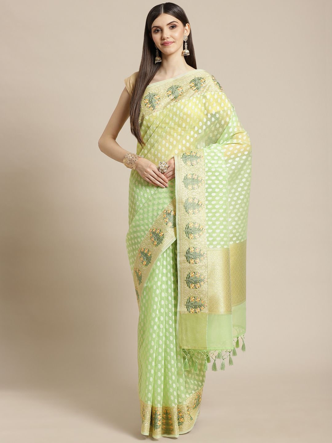 Meena Bazaar Mint Green & White Woven Design Silk Blend Saree with Blouse Piece