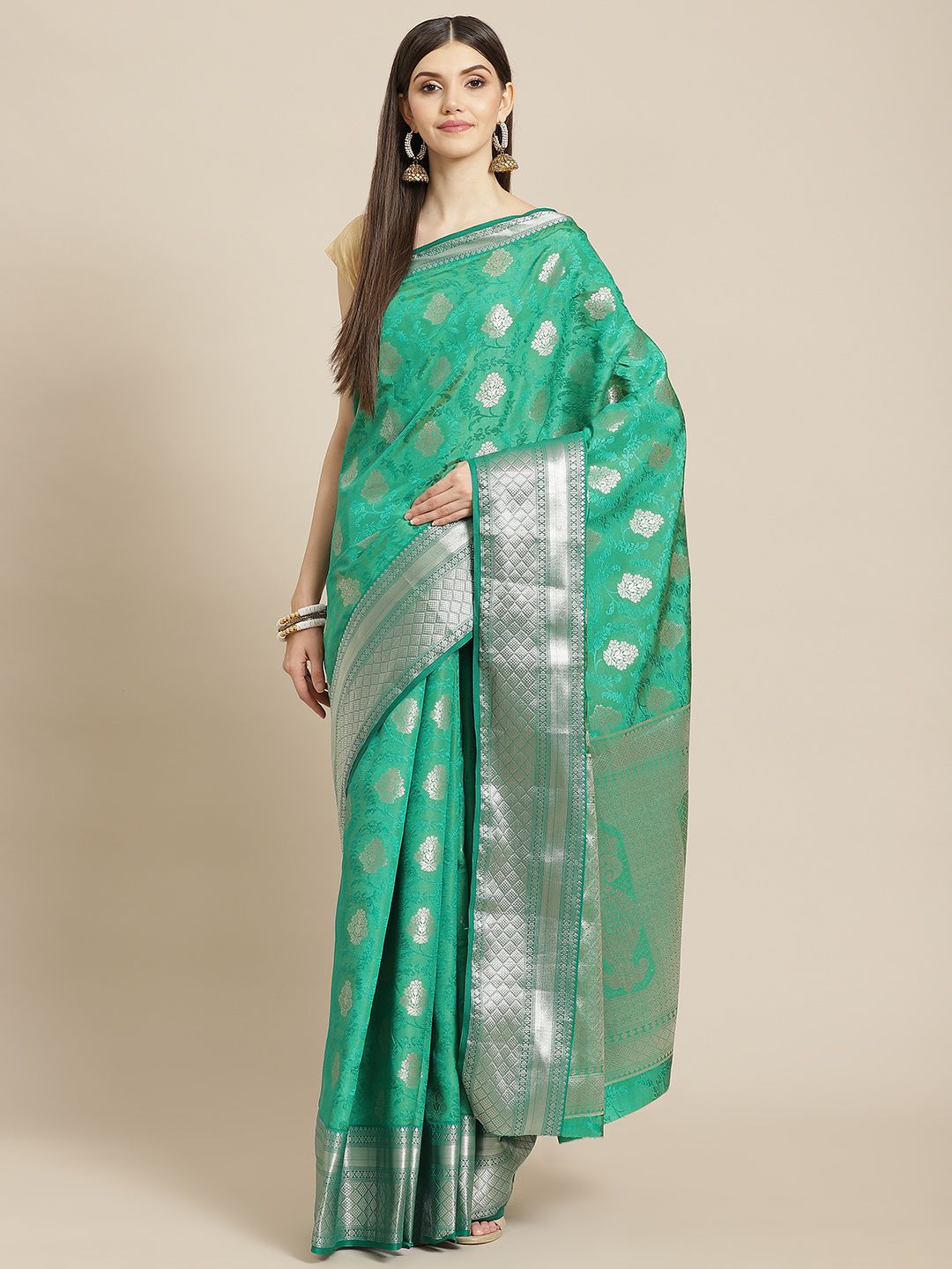 Meena Bazaar Green Woven Design Saree with Blouse