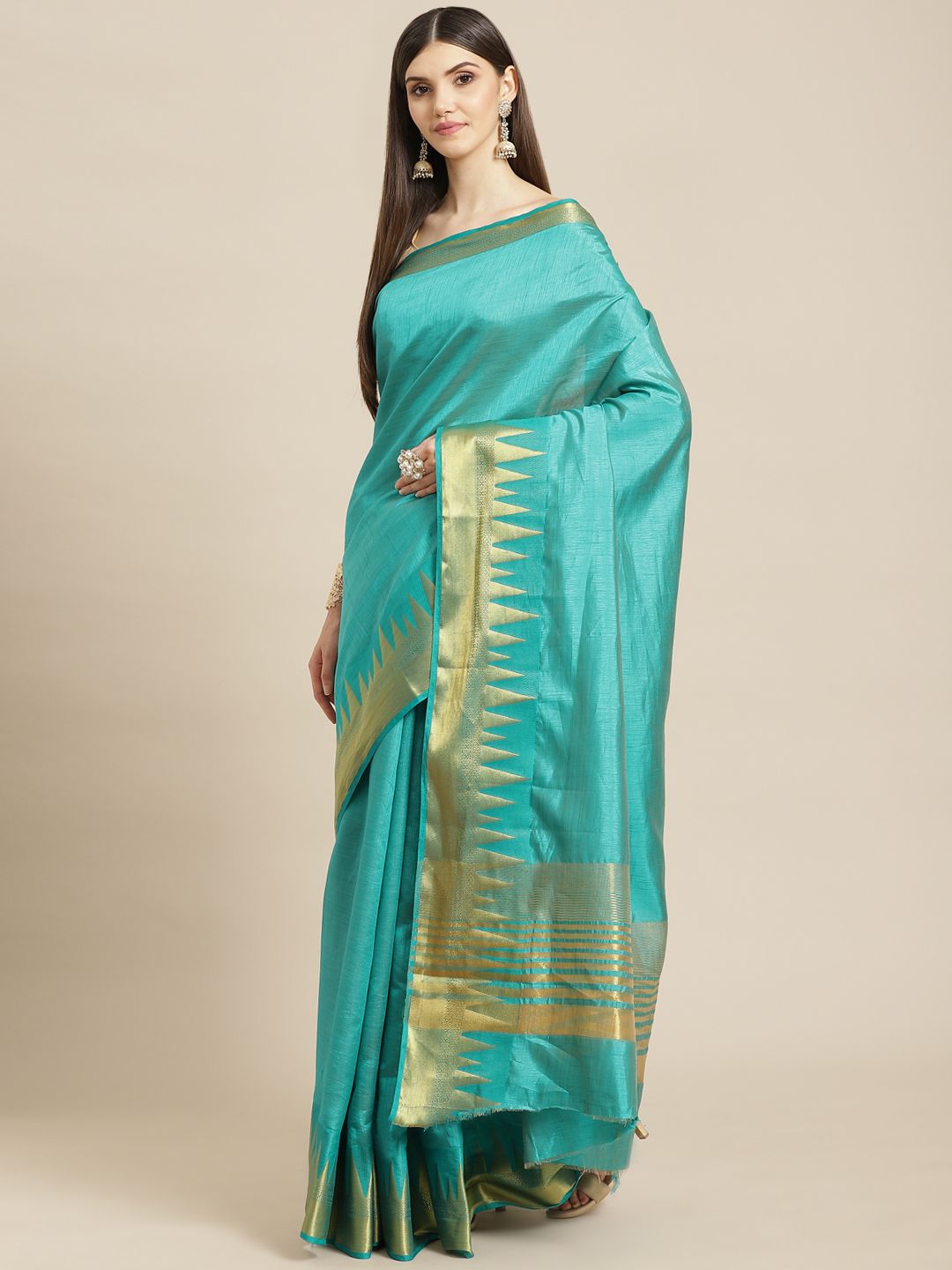 Meena Bazaar Turquoise Blue Woven Design Silk Blend Saree with Blouse Piece