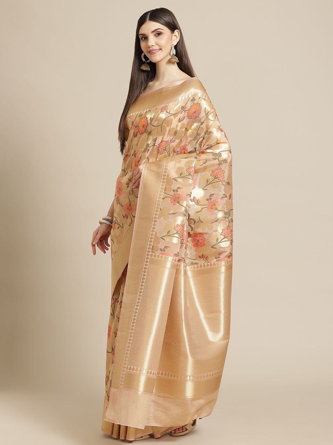 Meena Bazaar Peach & Beige Floral Woven Design Organza Saree with Blouse Price in India