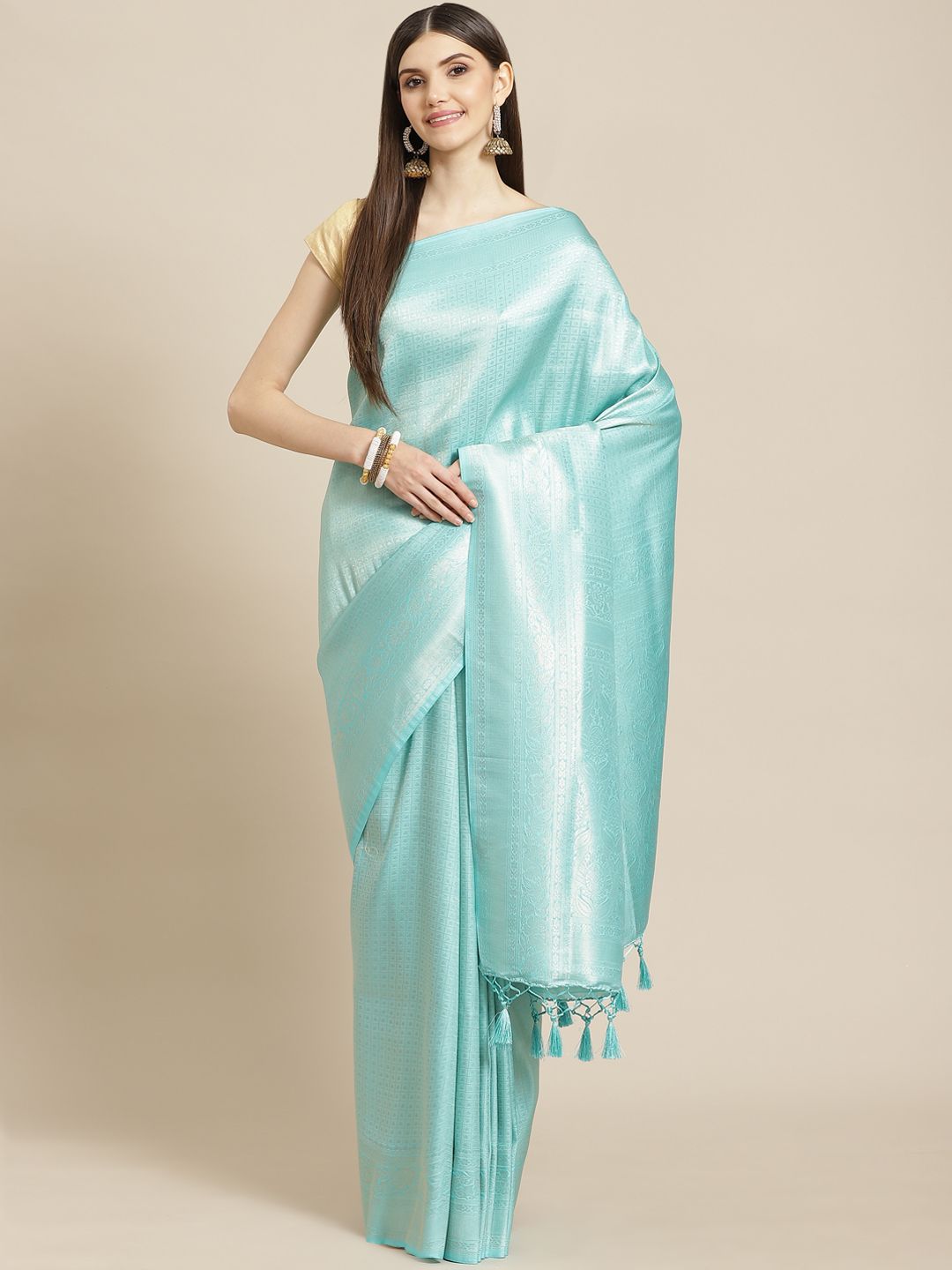 Meena Bazaar Sea Green Woven Design Silk Blend Saree with Blouse Price in India