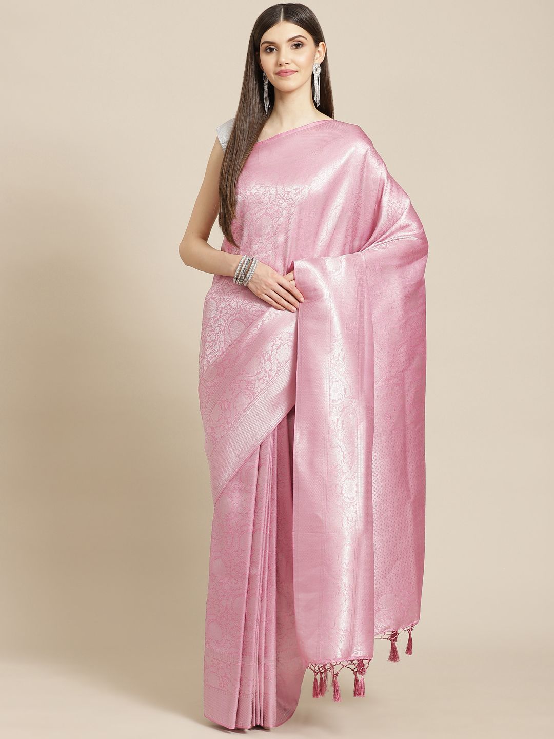Meena Bazaar Lavender Woven Design Silk Blend Saree with Blouse Piece