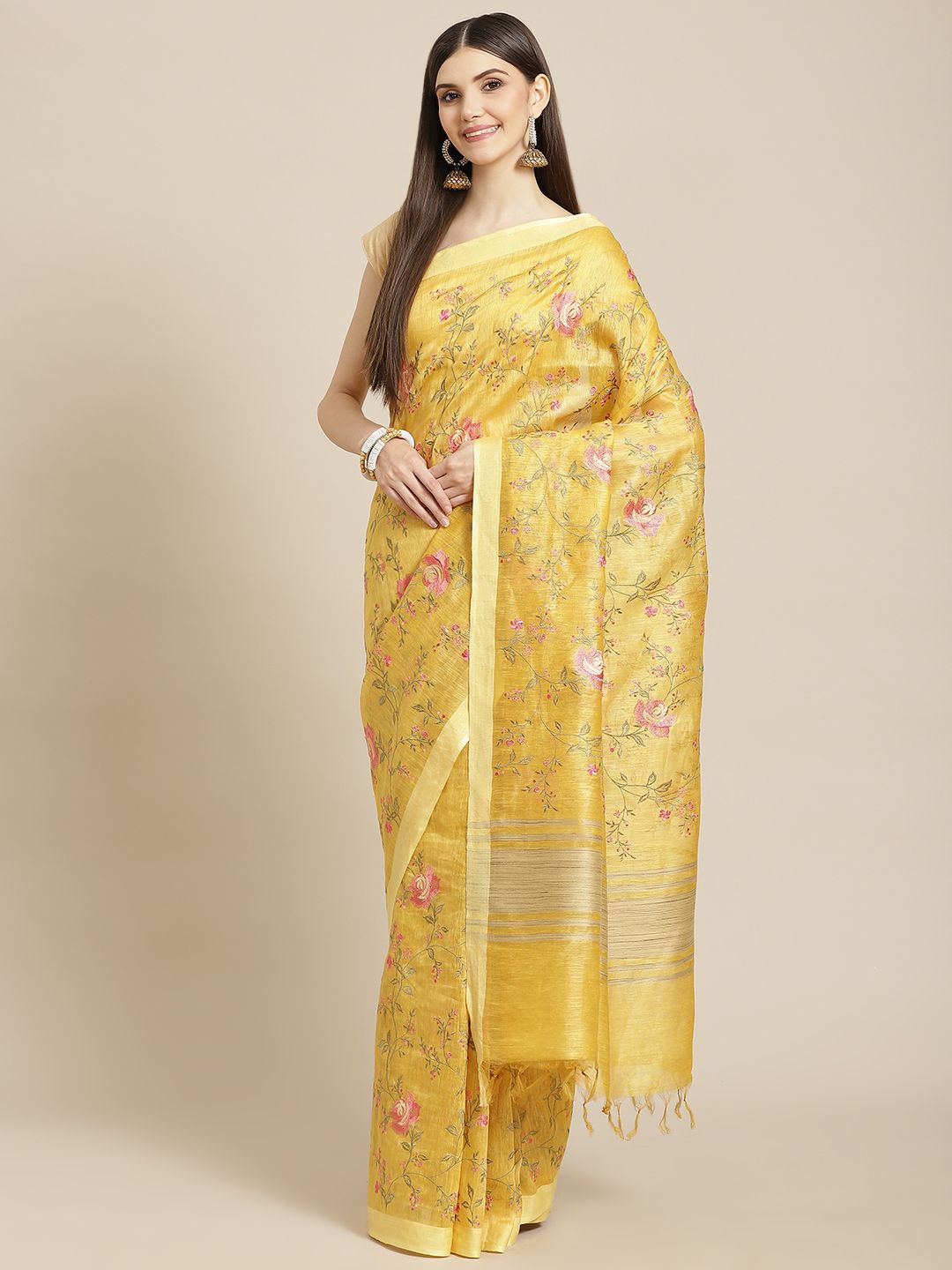 Meena Bazaar Mustard Yellow & Pink Floral Woven Design Saree with Blouse Price in India