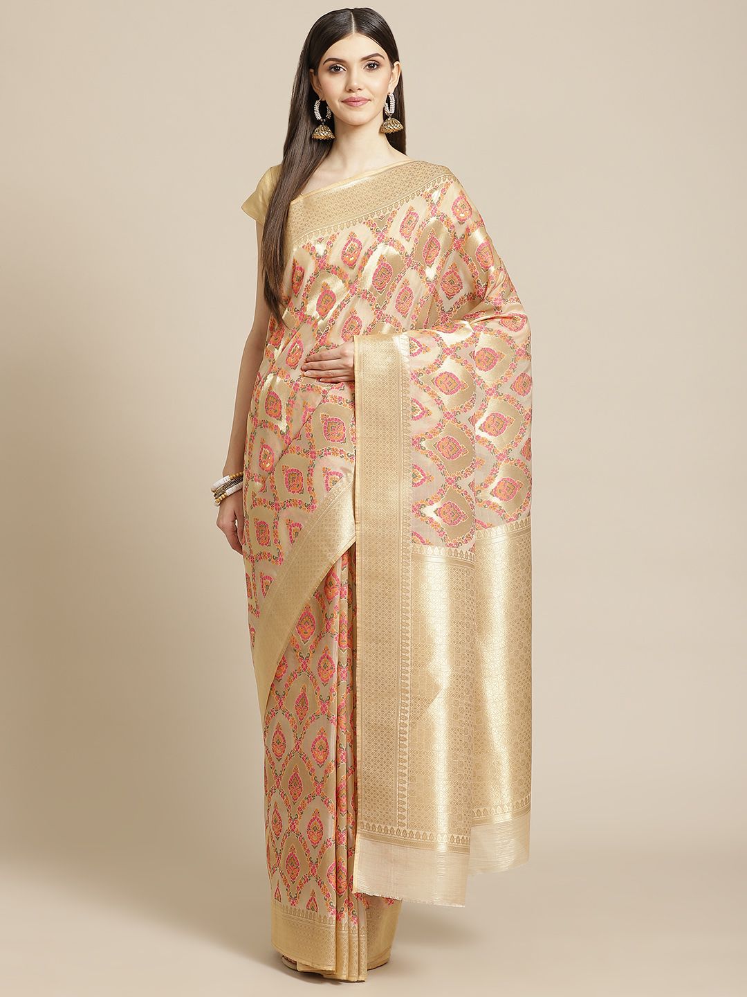Meena Bazaar Beige & Pink Woven Design Saree with Blouse Price in India