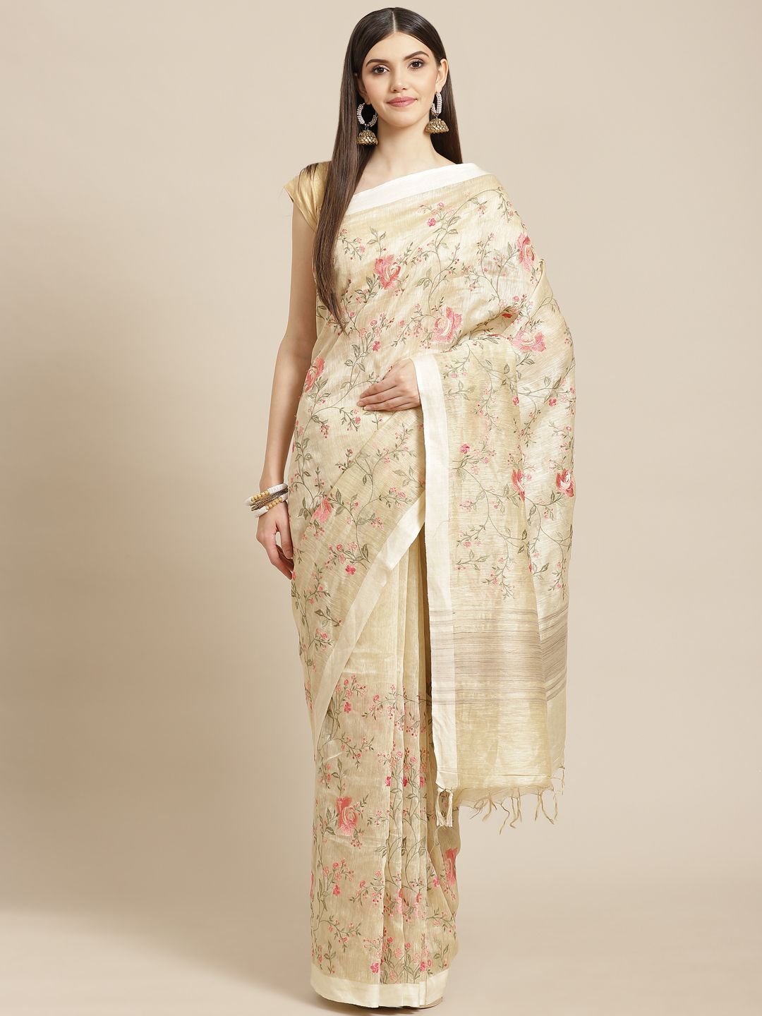 Meena Bazaar Beige & Pink Woven Design Silk Blend Saree with Blouse Piece Price in India