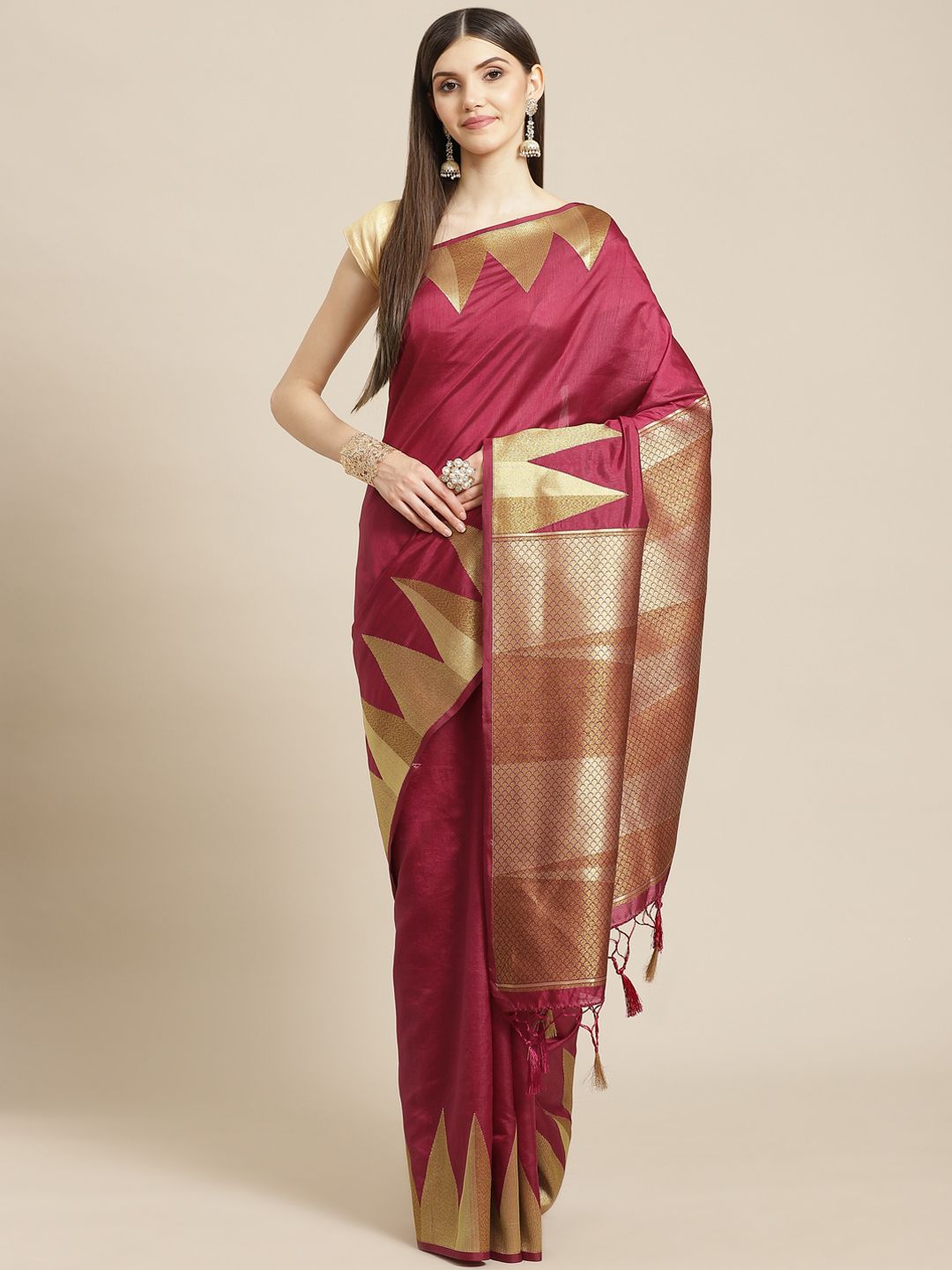 Meena Bazaar Maroon Woven Design Silk Blend Saree with Blouse Piece Price in India