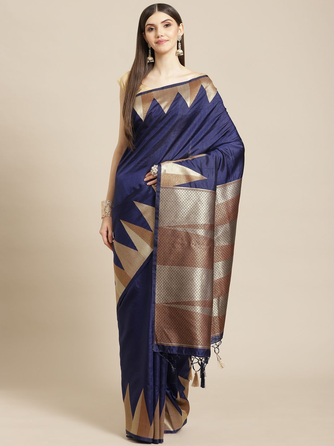 Meena Bazaar Navy Blue & Beige Woven Design Silk Blend Saree with Blouse Piece Price in India