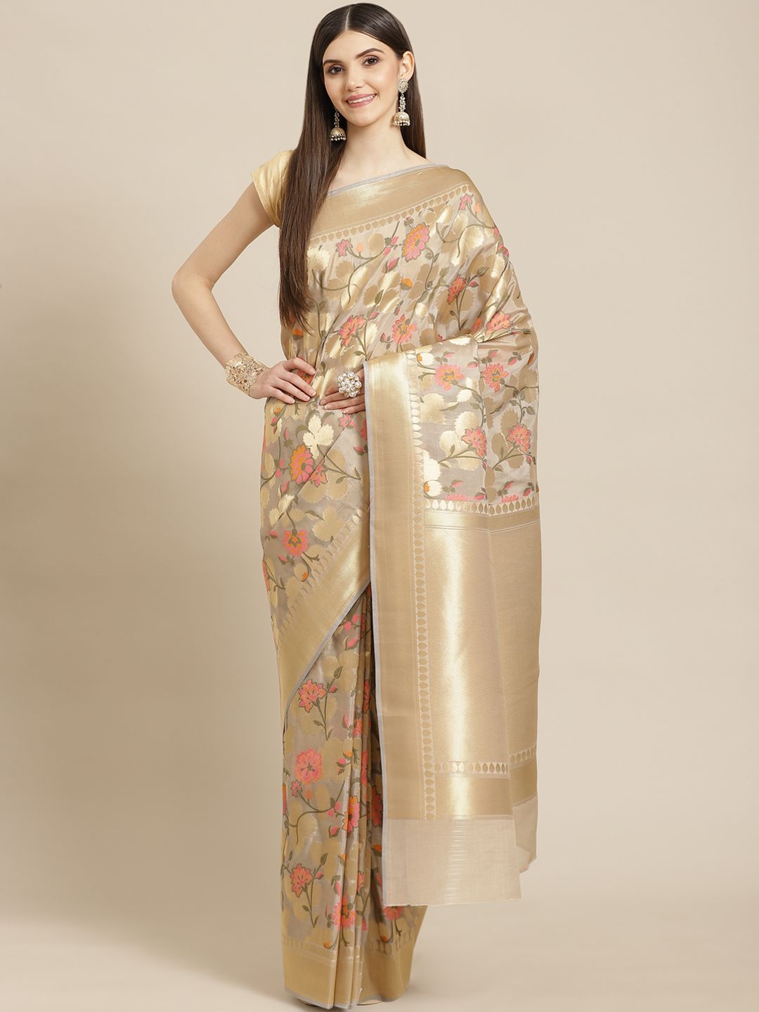 Meena Bazaar Grey & Golden Woven Design Organza Saree with Blouse Piece Price in India