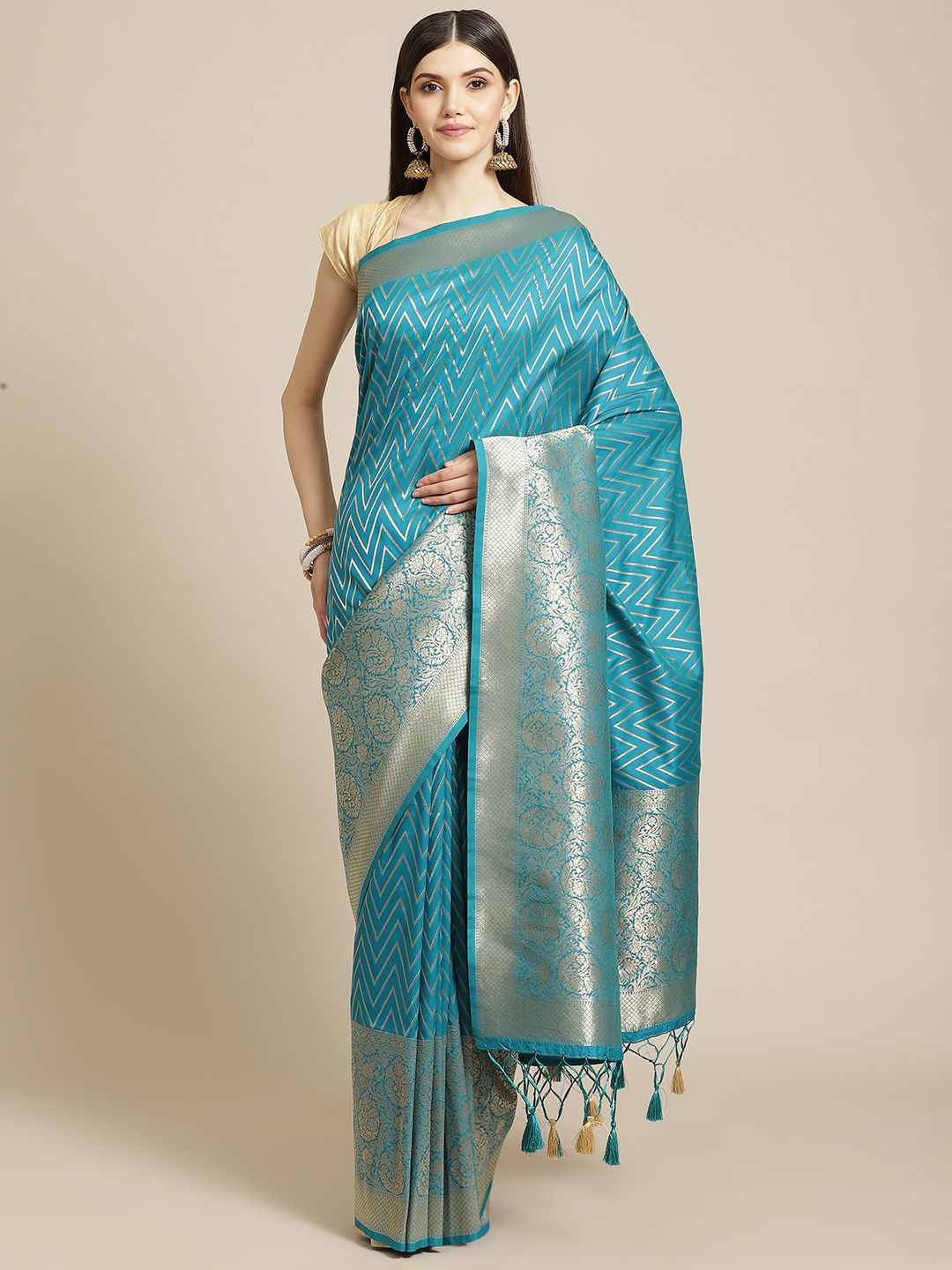 Meena Bazaar Blue Woven Design Saree with Blouse Price in India