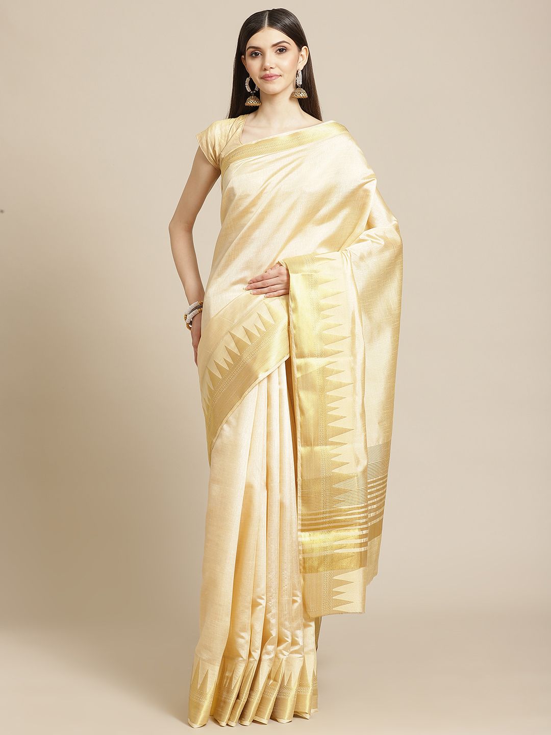 Meena Bazaar Beige & Golden Woven Design Saree with Blouse Price in India