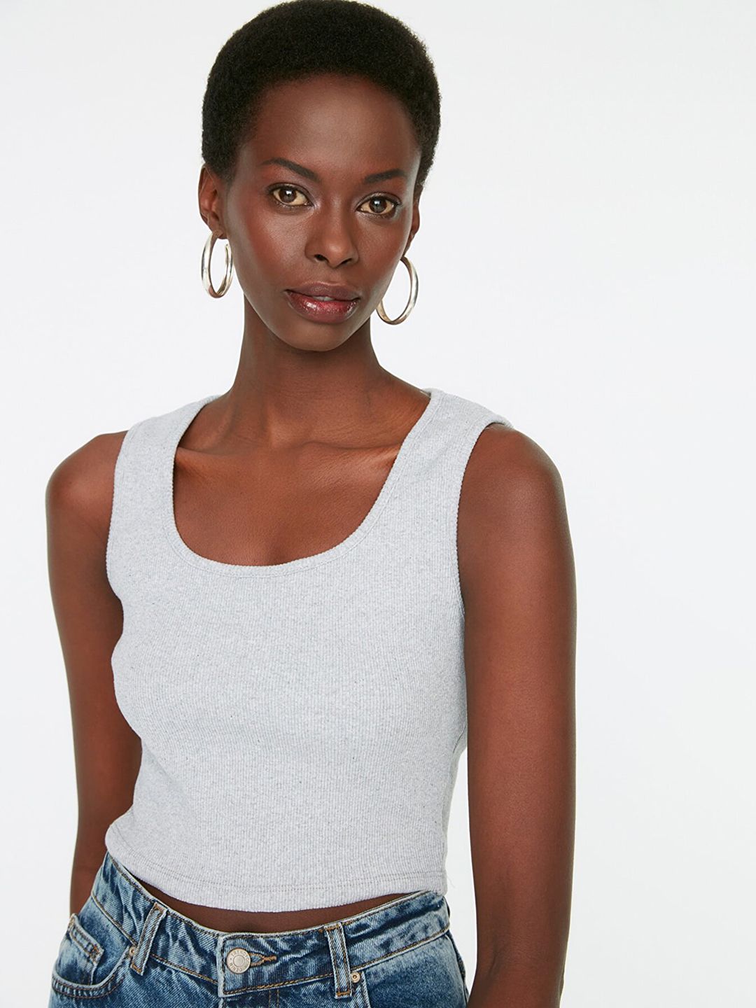 Trendyol Grey Melange Ribbed Fitted Crop Top Price in India